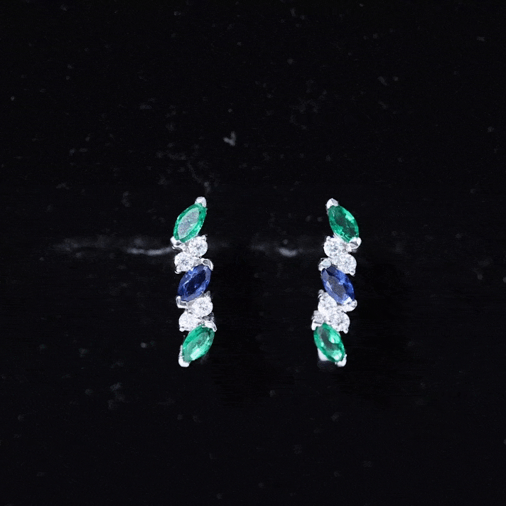Marquise Cut Lab Created Blue Sapphire and Emerald Hoop Earrings with Moissanite