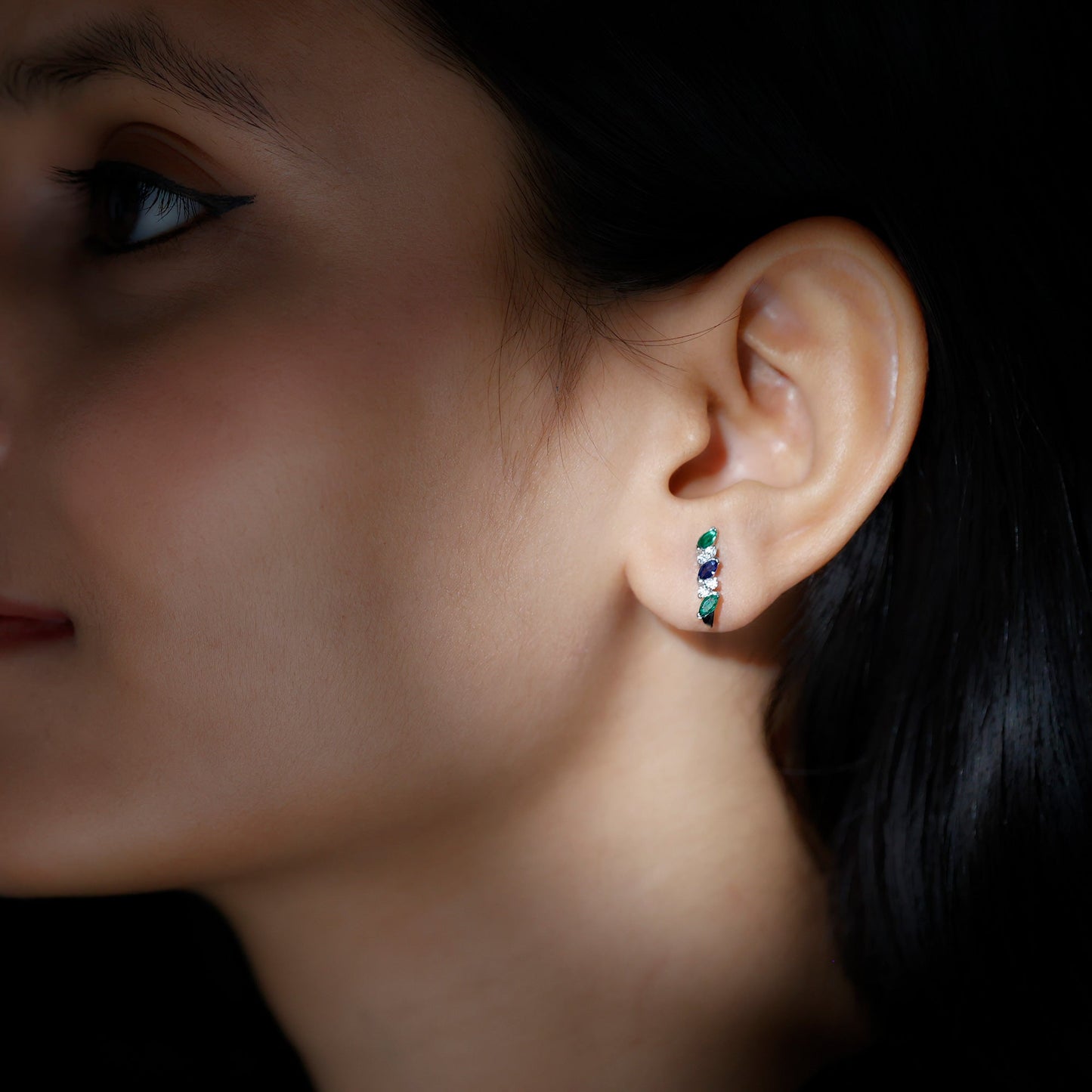 Marquise Cut Lab Created Blue Sapphire and Emerald Hoop Earrings with Moissanite