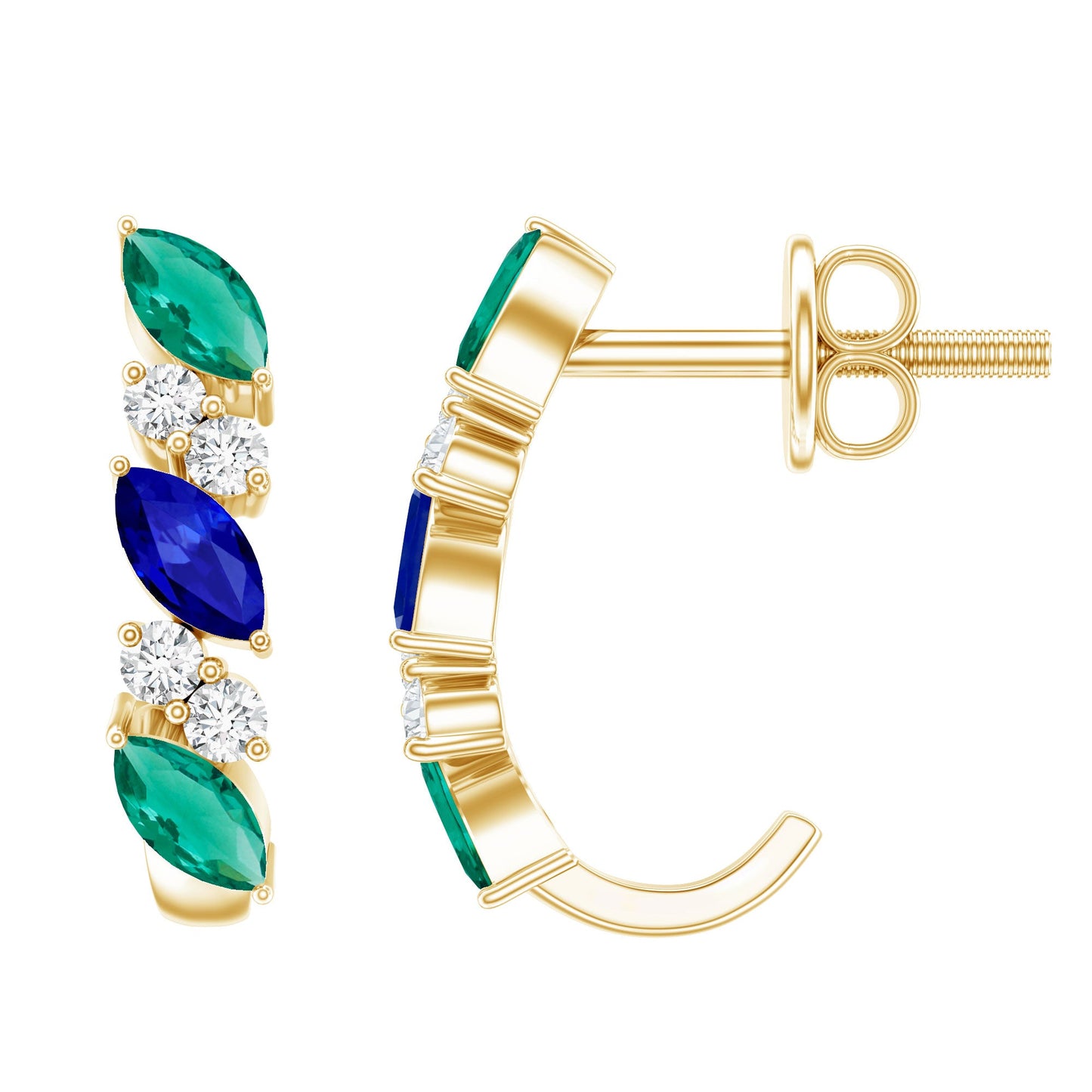 Marquise Cut Lab Created Blue Sapphire and Emerald Hoop Earrings with Moissanite