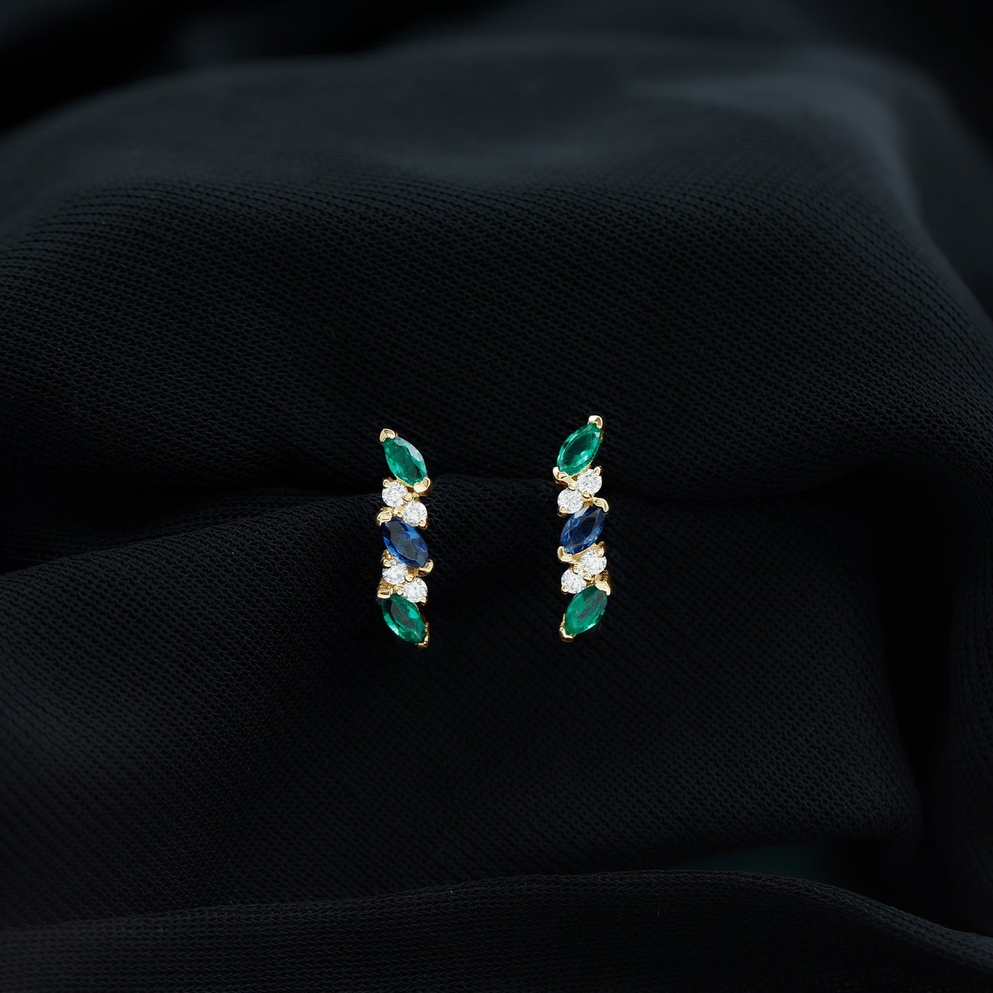 Marquise Cut Lab Created Blue Sapphire and Emerald Hoop Earrings with Moissanite