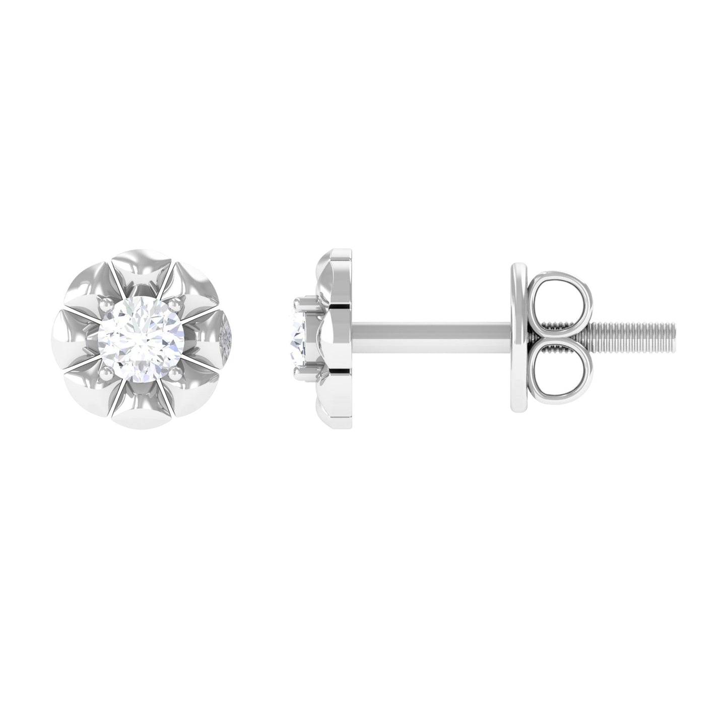 Natural Diamond Cute Flower Stud Earrings with Screw Back