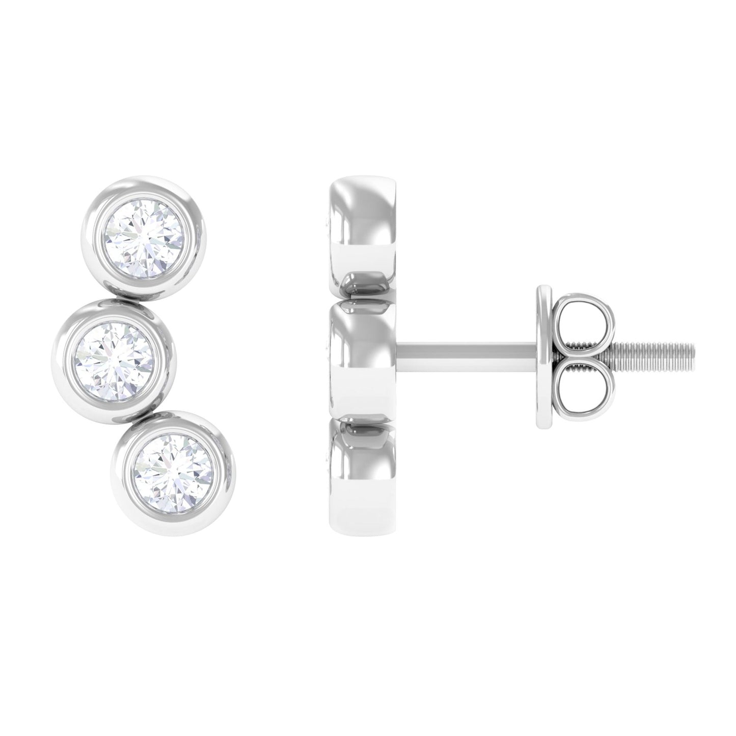 Bezel Set Round Moissanite Three Stone Stud Earrings