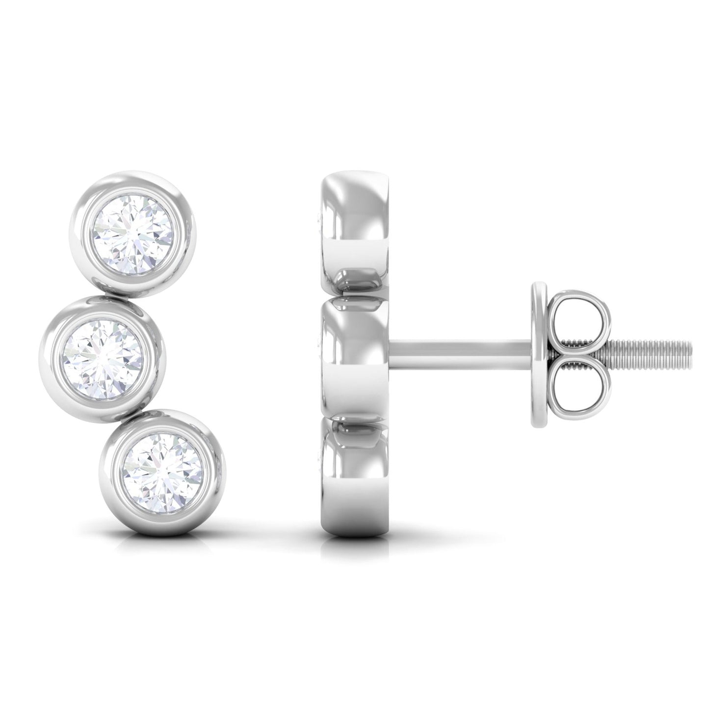 Bezel Set Round Moissanite Three Stone Stud Earrings