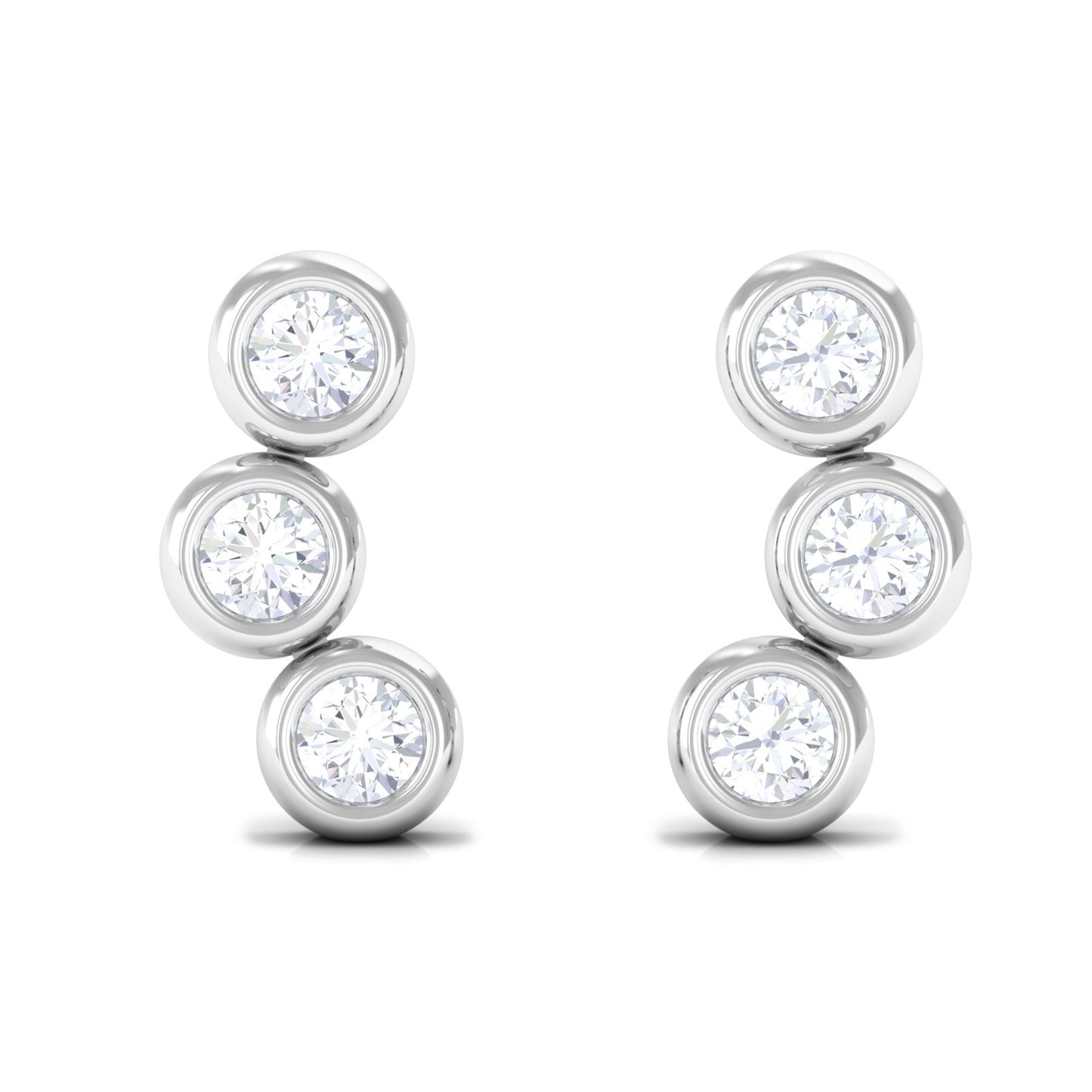 Bezel Set Round Moissanite Three Stone Stud Earrings