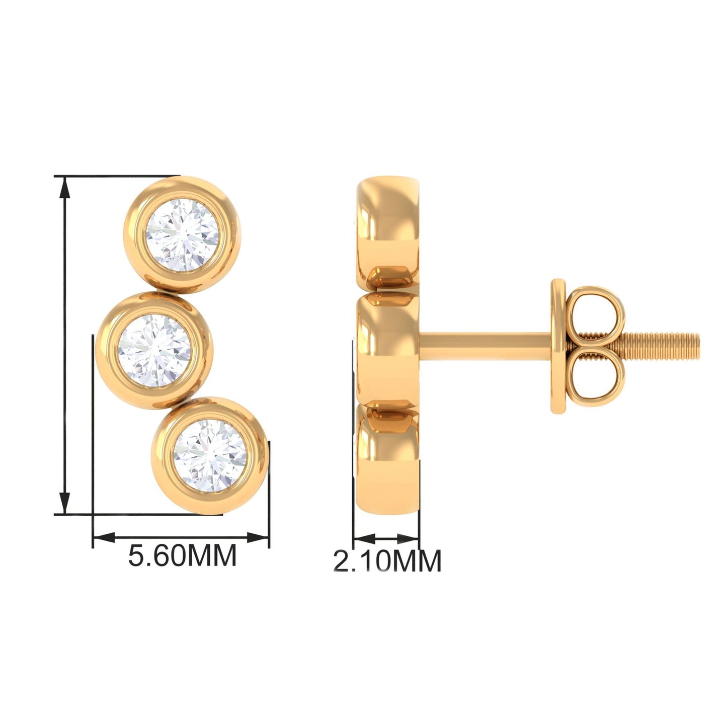 Bezel Set Round Moissanite Three Stone Stud Earrings