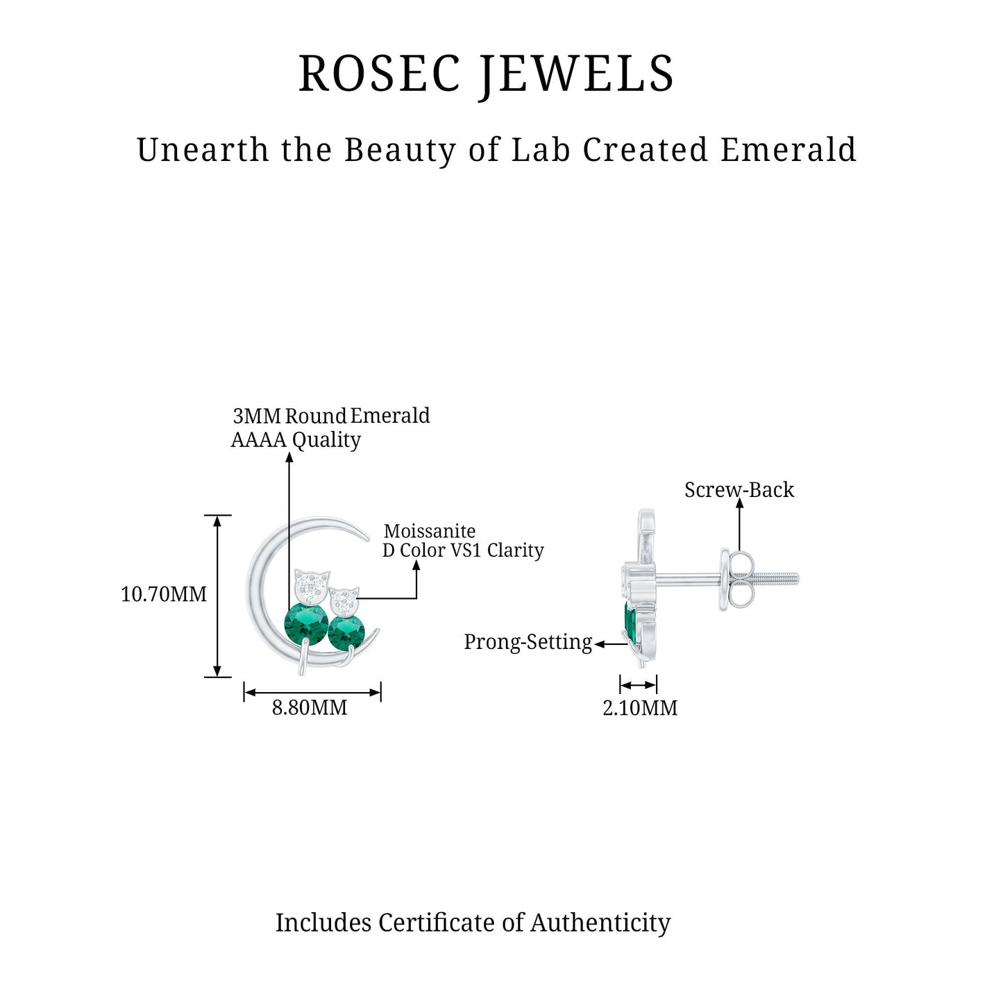 Lab Created Emerald Cat and Moon Stud Earrings