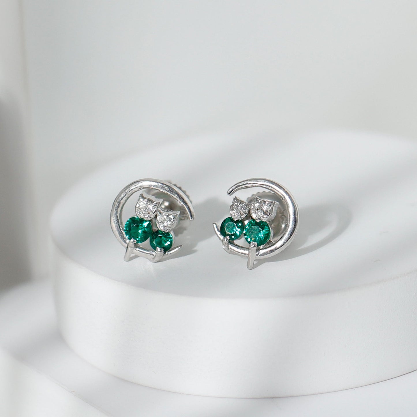 Lab Created Emerald Cat and Moon Stud Earrings