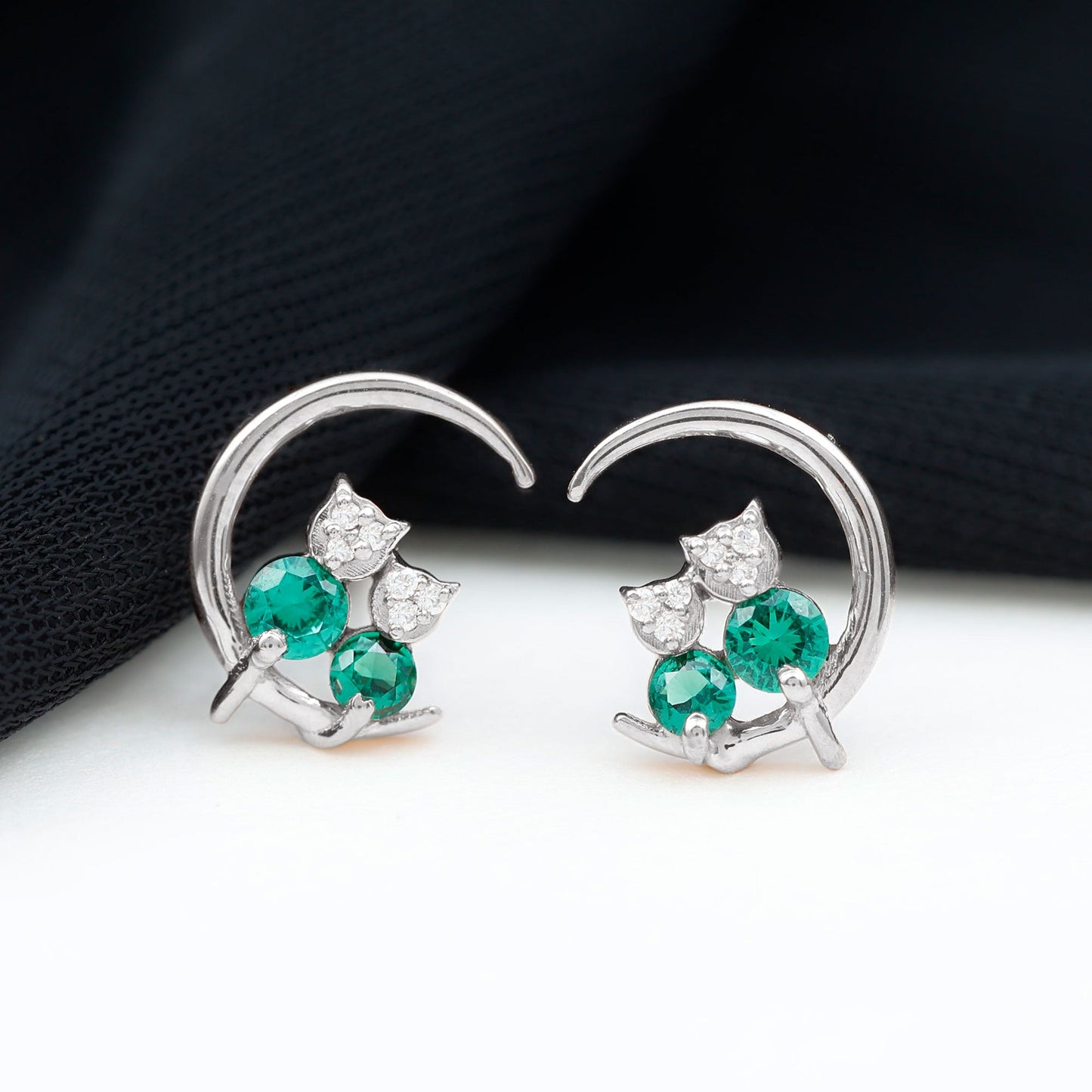 Lab Created Emerald Cat and Moon Stud Earrings