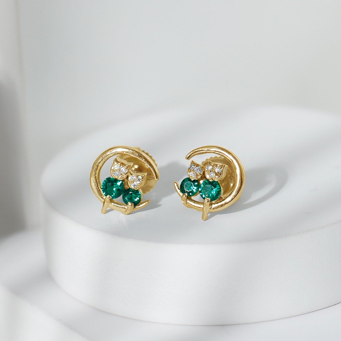 Lab Created Emerald Cat and Moon Stud Earrings