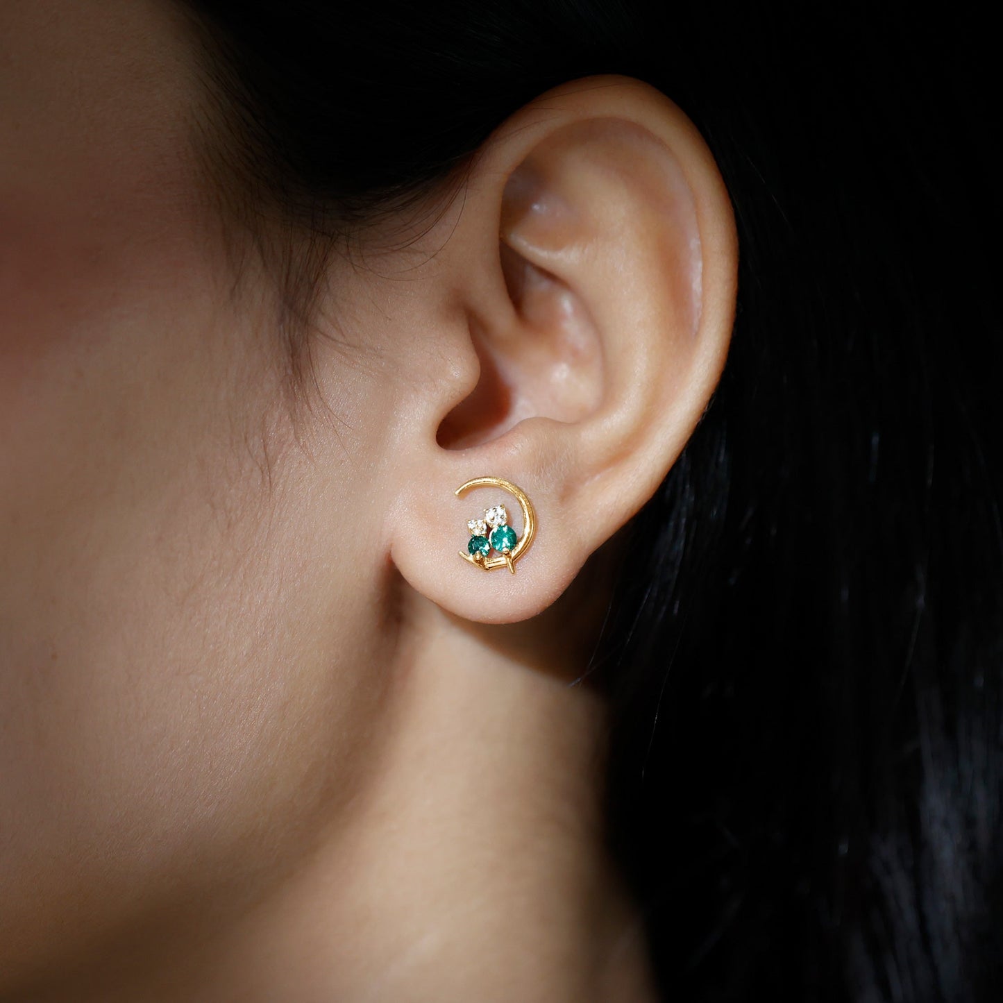 Lab Created Emerald Cat and Moon Stud Earrings
