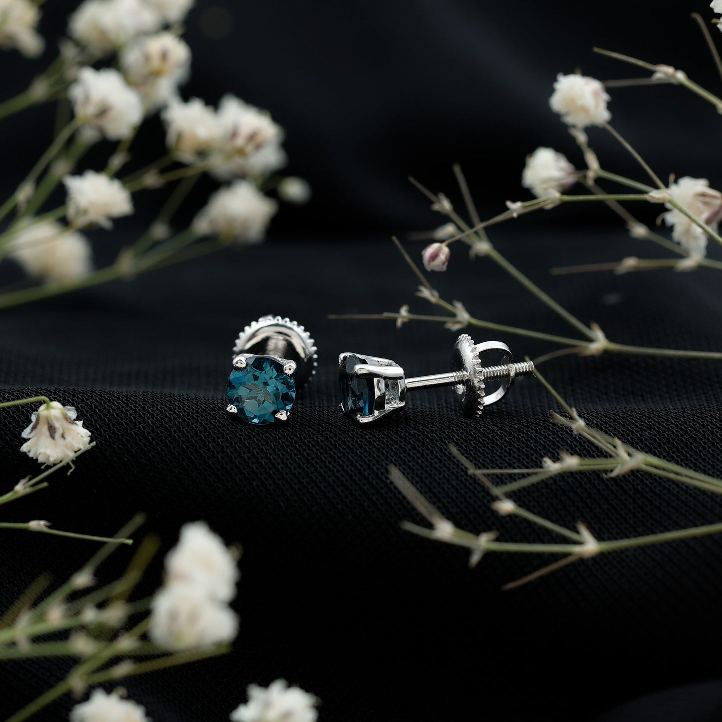 Genuine London Blue Topaz Solitaire Stud Earrings in Prong Setting