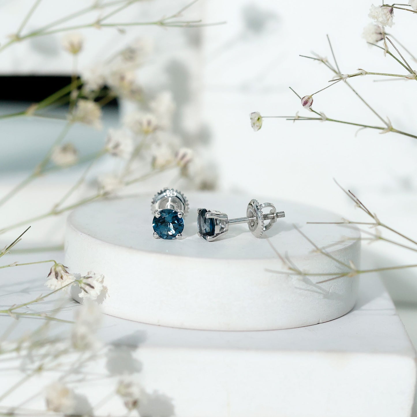 Genuine London Blue Topaz Solitaire Stud Earrings in Prong Setting