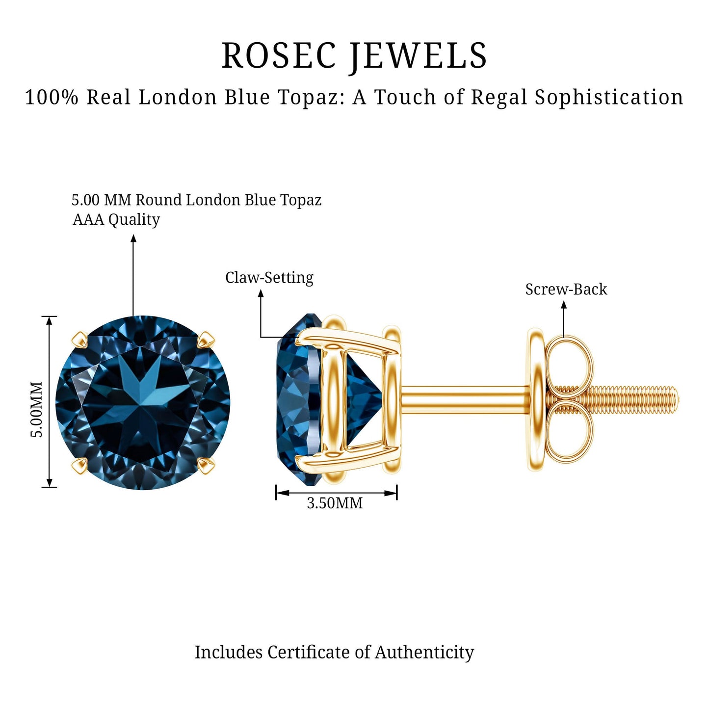 Genuine London Blue Topaz Solitaire Stud Earrings in Prong Setting