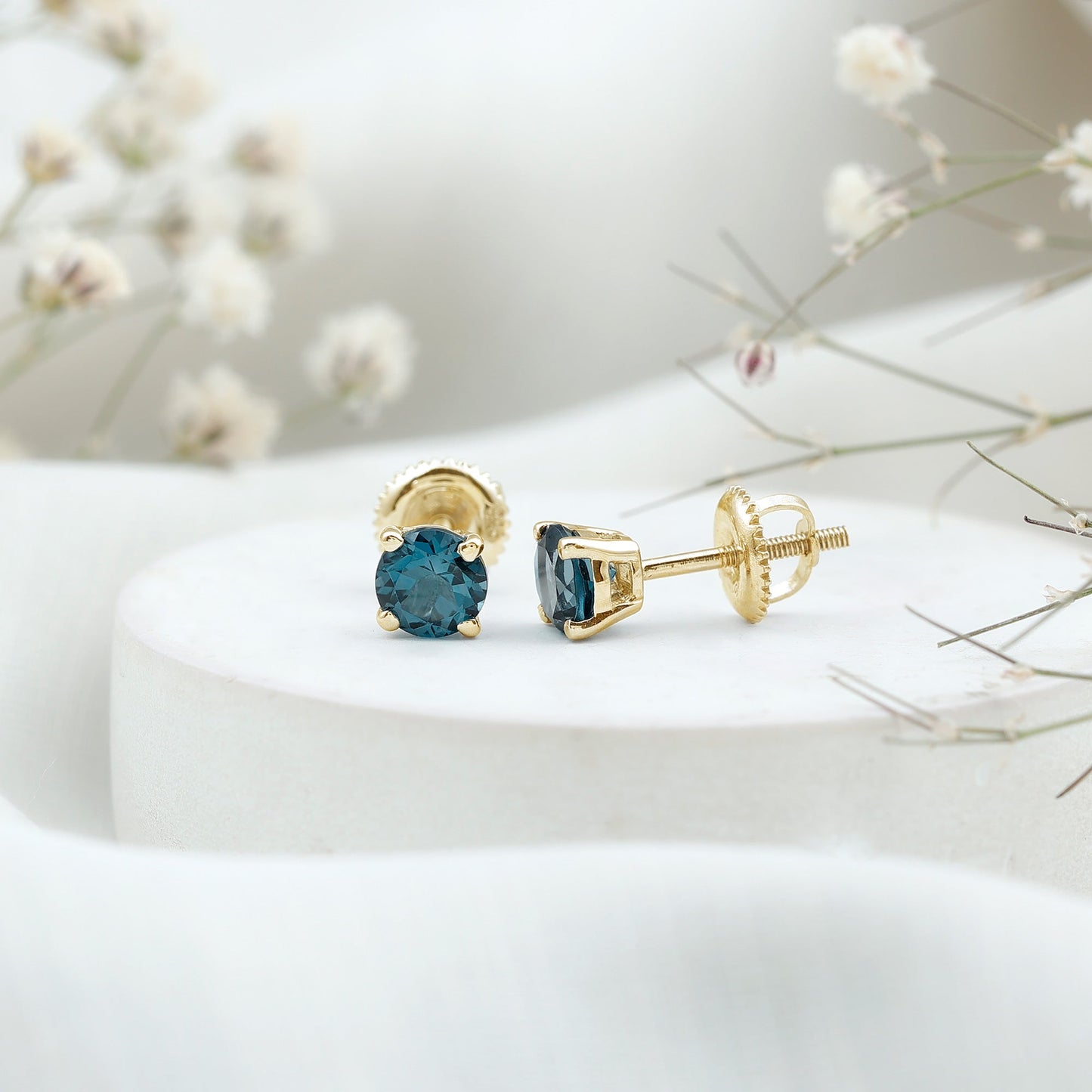 Genuine London Blue Topaz Solitaire Stud Earrings in Prong Setting