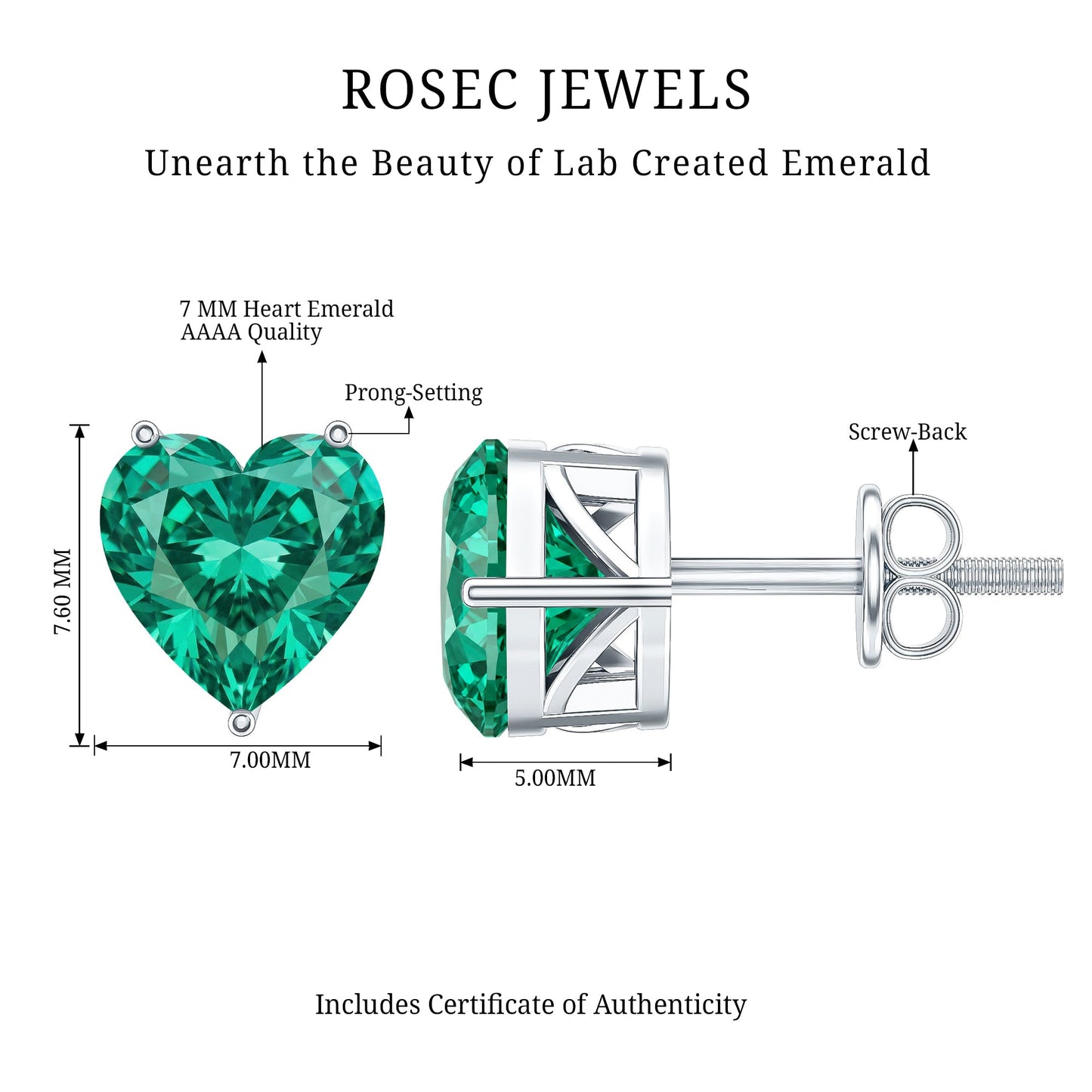7MM Heart Shape Lab Created Emerald Solitaire Stud Earrings