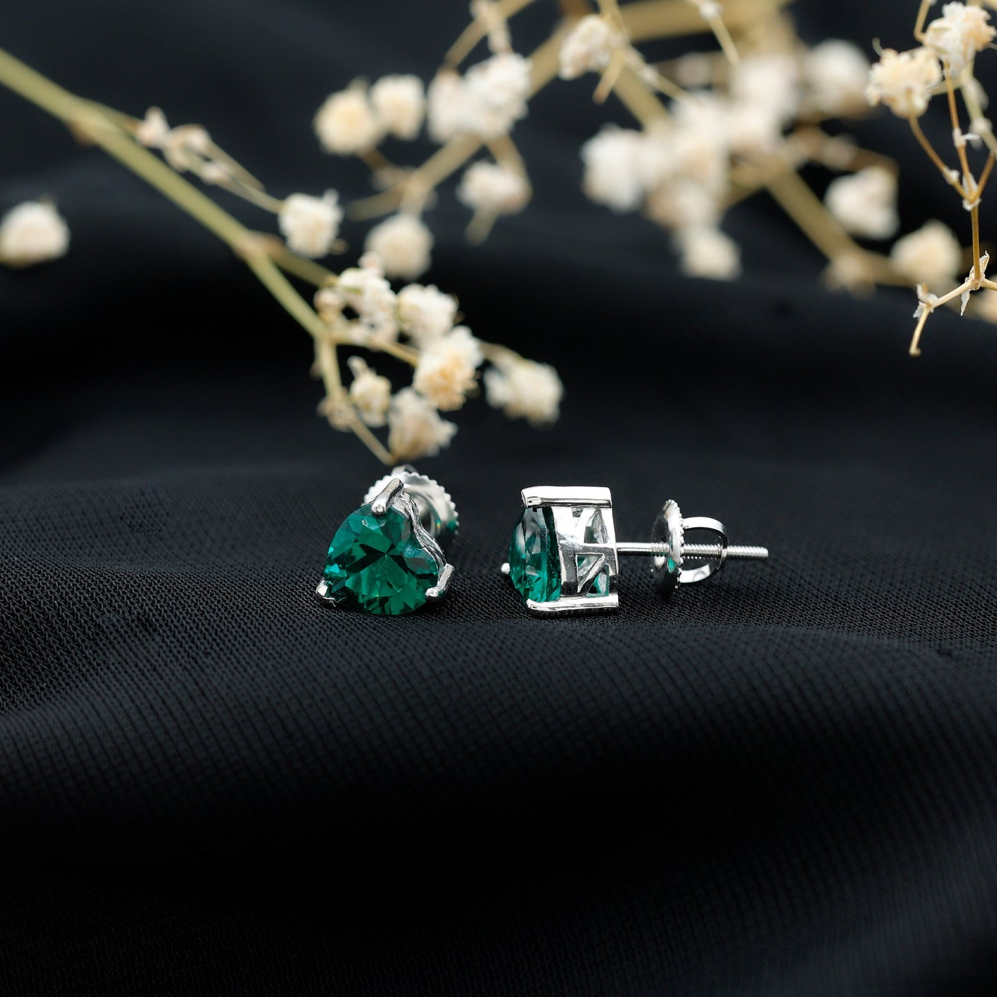 7MM Heart Shape Lab Created Emerald Solitaire Stud Earrings