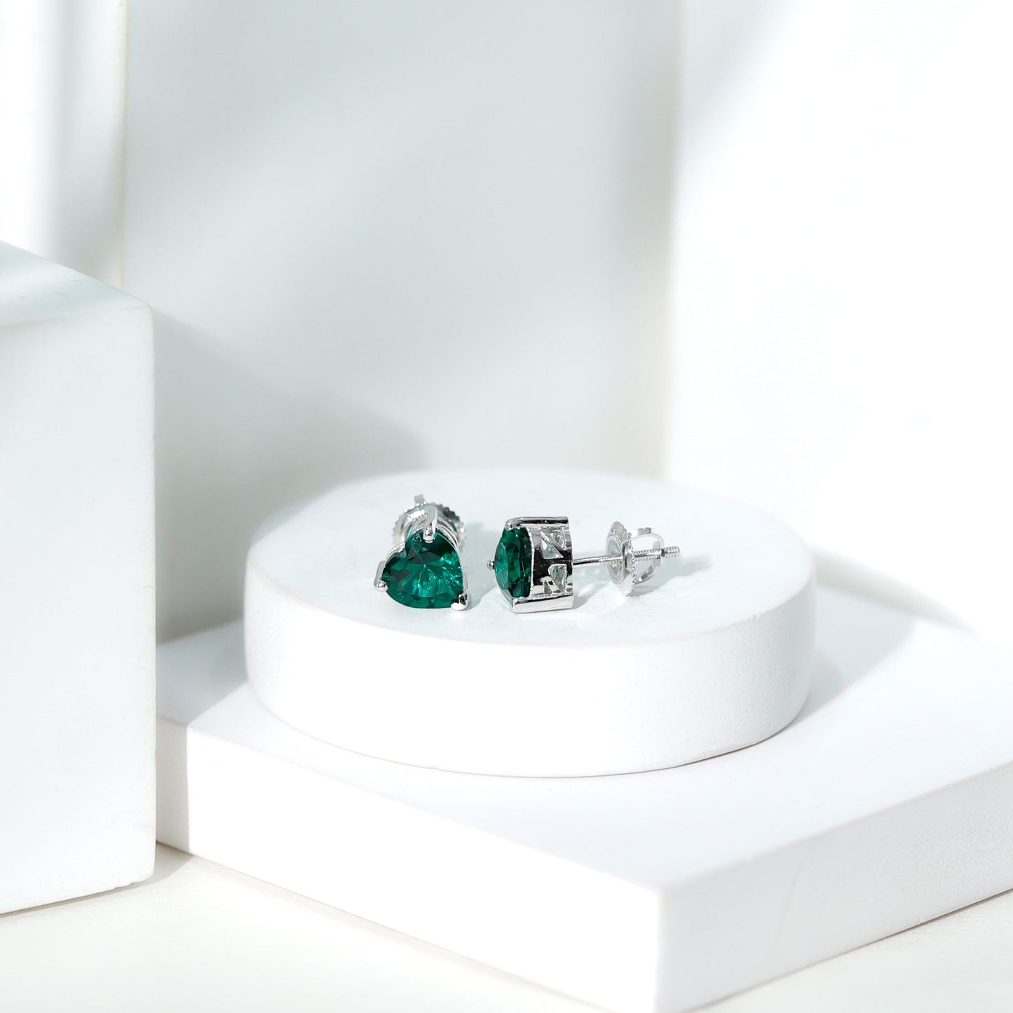 7MM Heart Shape Lab Created Emerald Solitaire Stud Earrings