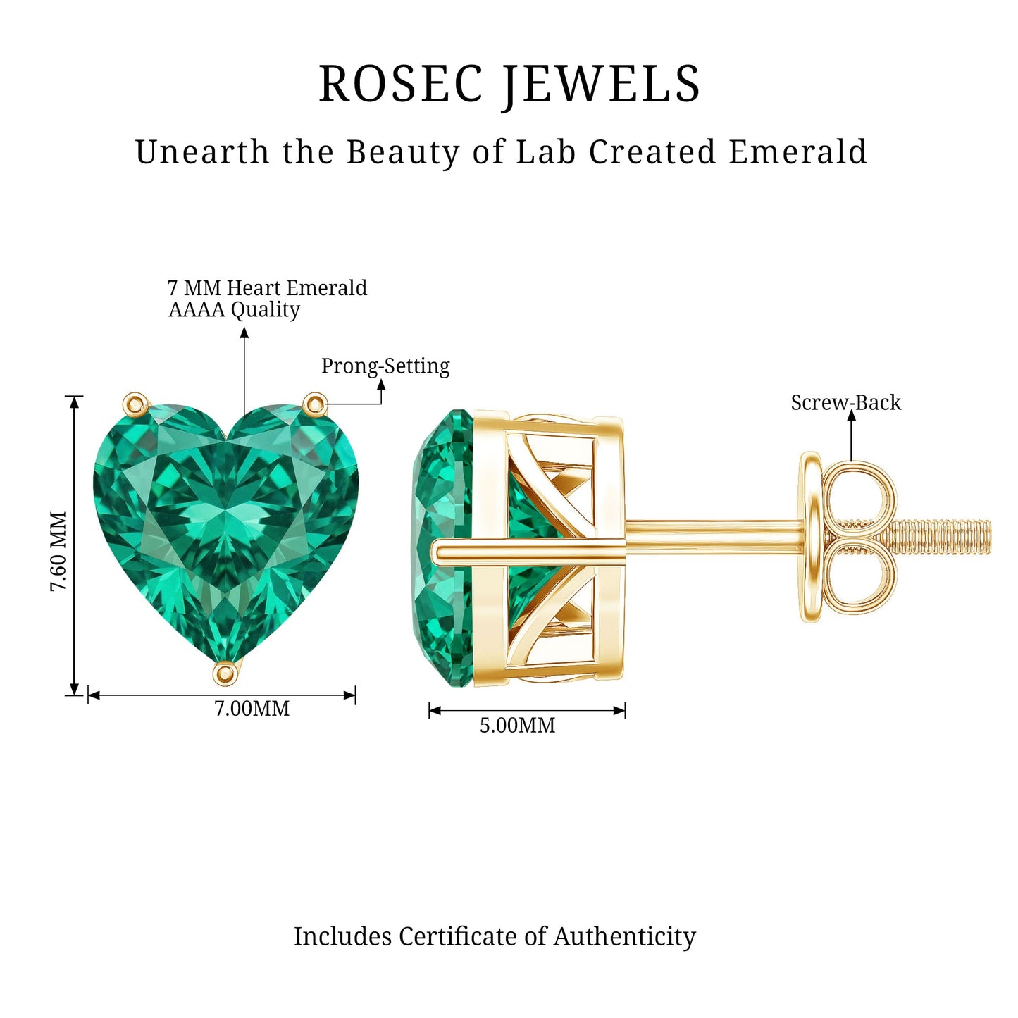 7MM Heart Shape Lab Created Emerald Solitaire Stud Earrings