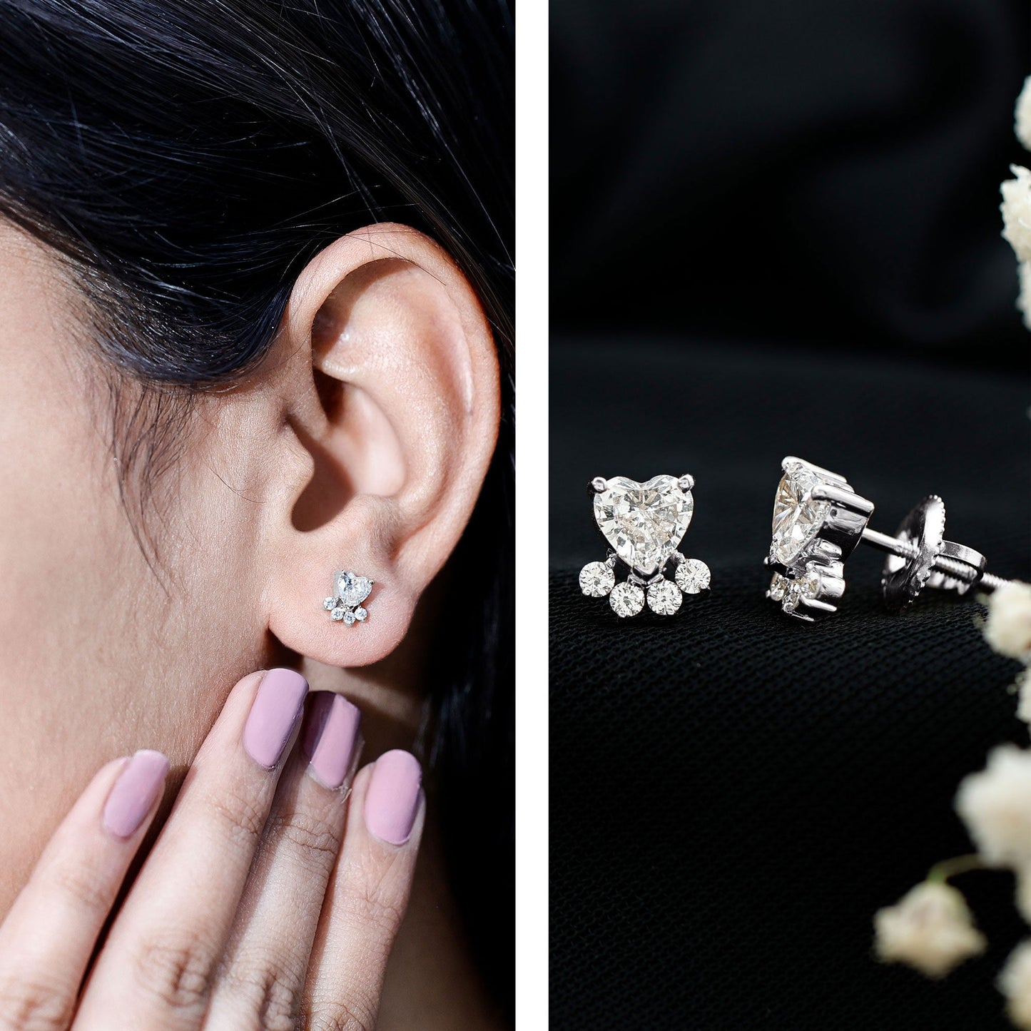 Heart and Round Shape Moissanite Paw Stud Earrings