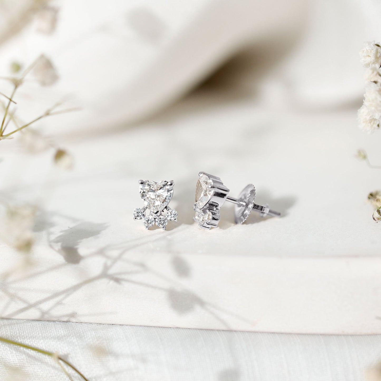 Heart and Round Shape Moissanite Paw Stud Earrings