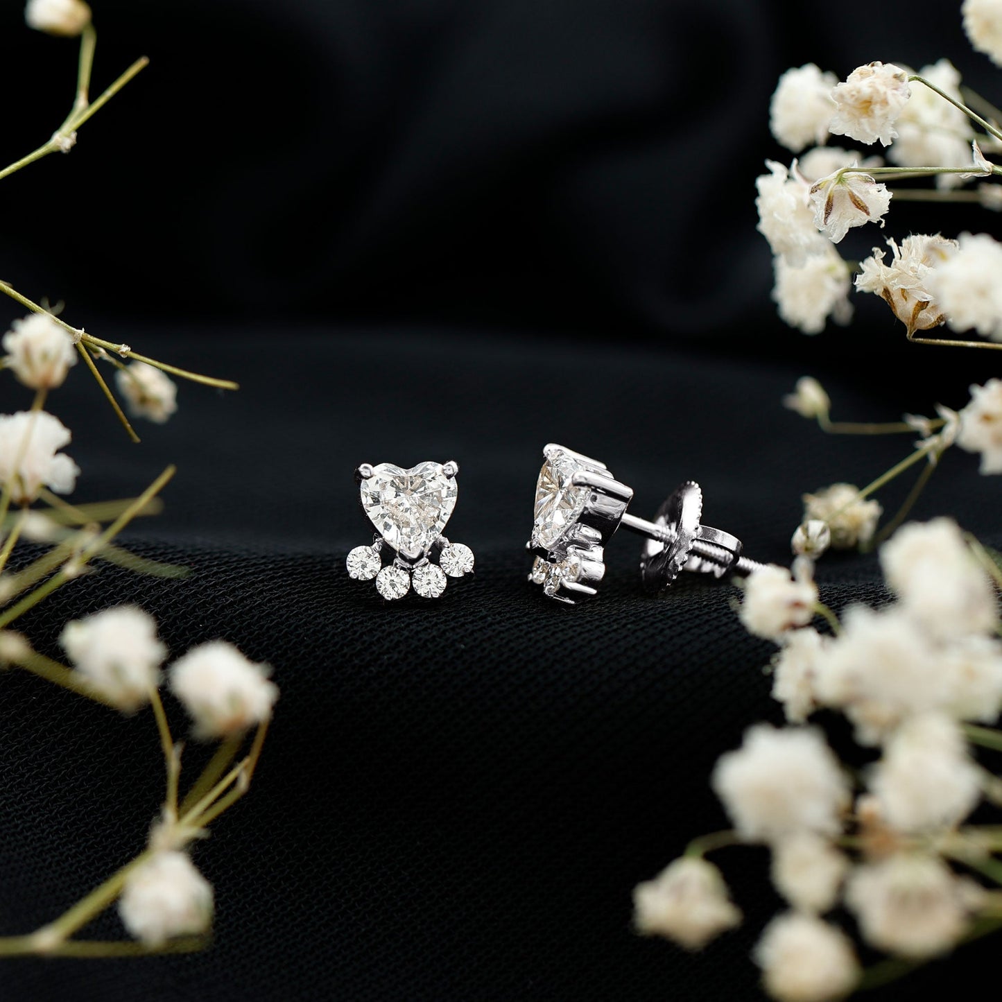 Heart and Round Shape Moissanite Paw Stud Earrings