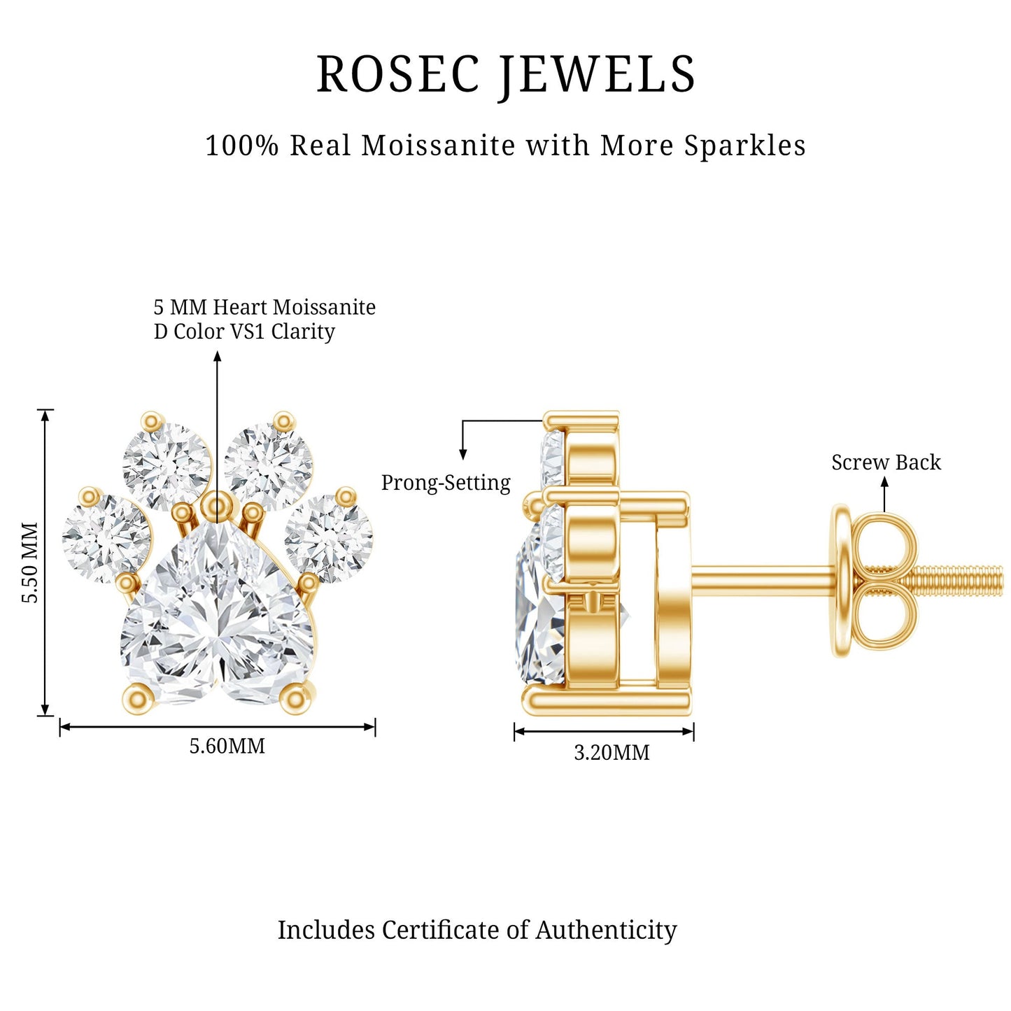 Heart and Round Shape Moissanite Paw Stud Earrings
