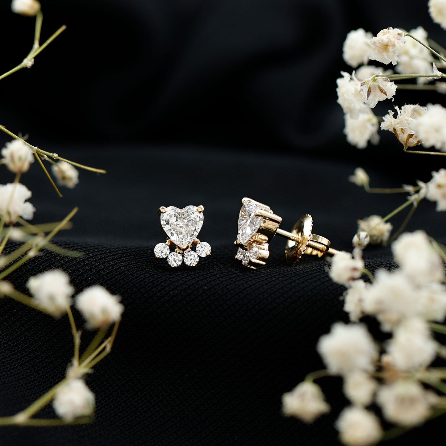 Heart and Round Shape Moissanite Paw Stud Earrings