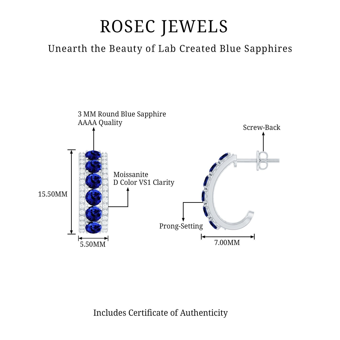 Certified Lab Created Blue Sapphire Hoop Earrings With Diamond