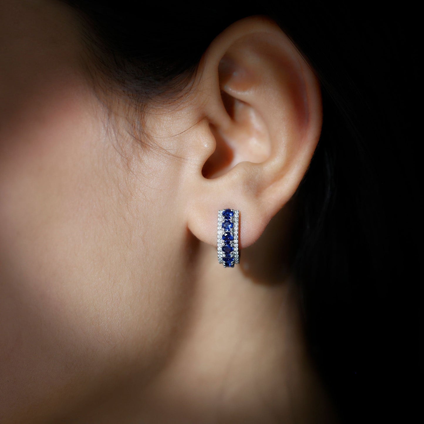 Certified Lab Created Blue Sapphire Hoop Earrings With Diamond
