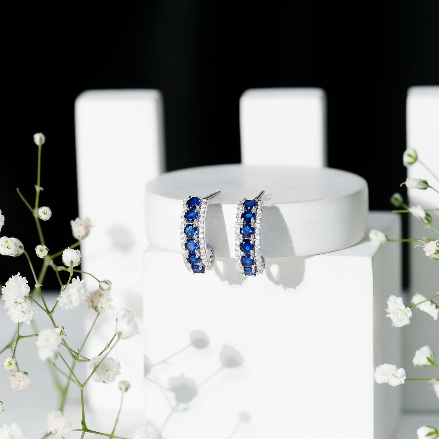Certified Lab Created Blue Sapphire Hoop Earrings With Diamond