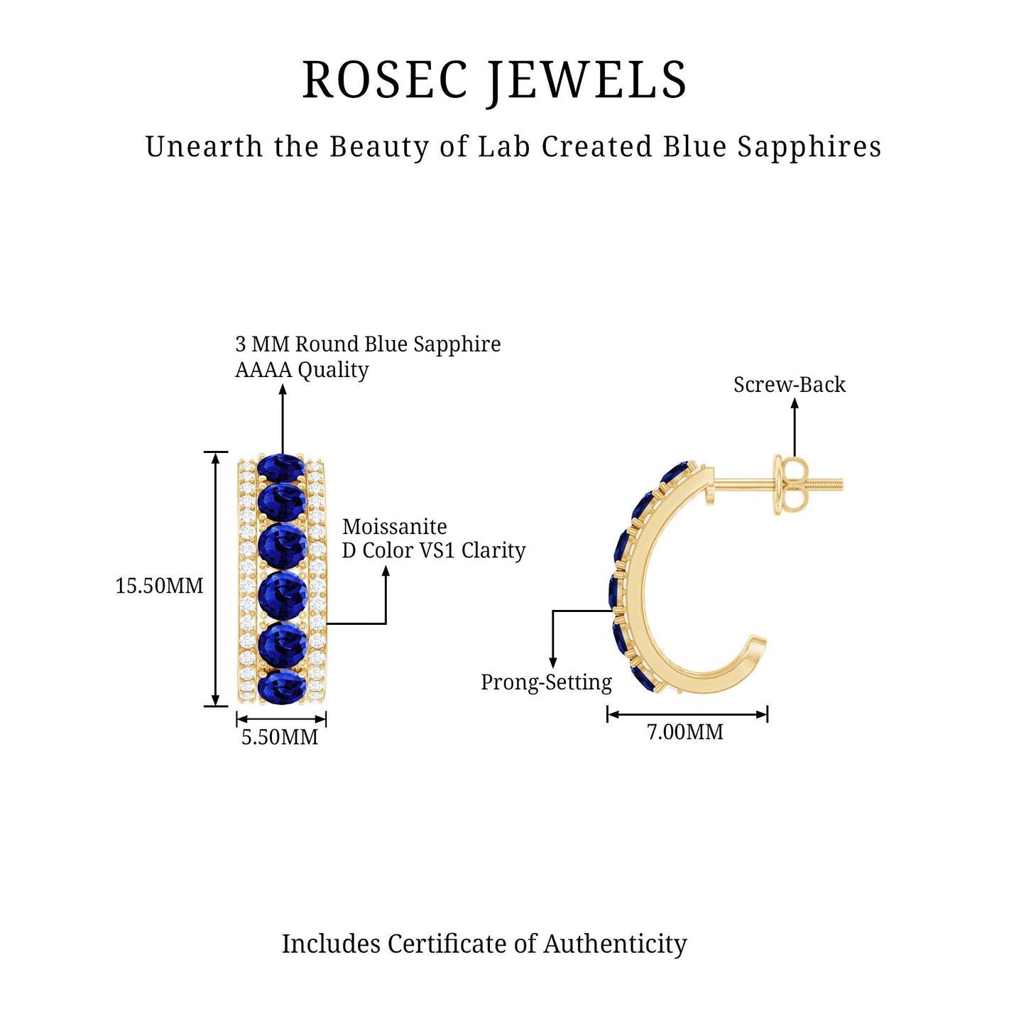 Certified Lab Created Blue Sapphire Hoop Earrings With Diamond