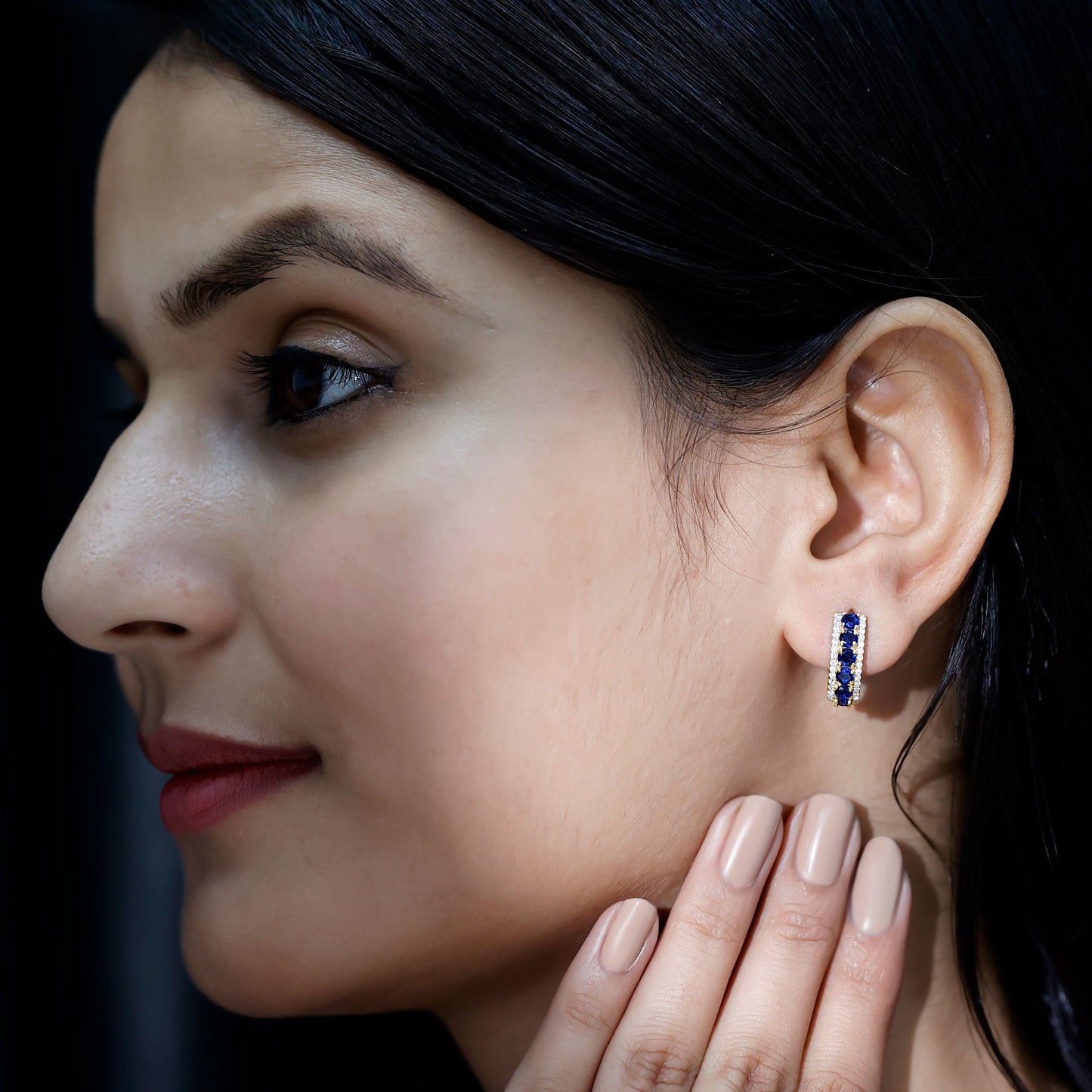 Certified Lab Created Blue Sapphire Hoop Earrings With Diamond