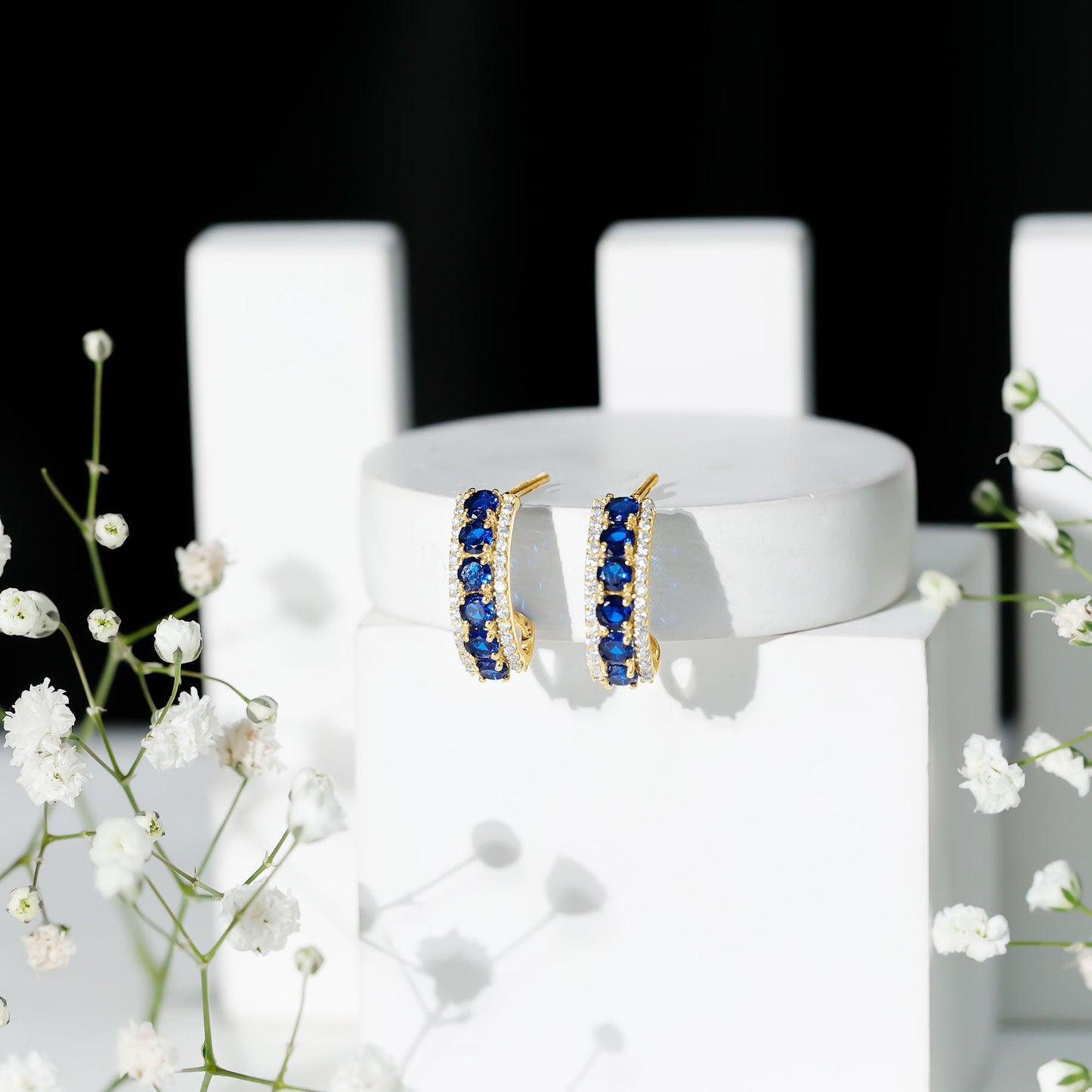 Certified Lab Created Blue Sapphire Hoop Earrings With Diamond