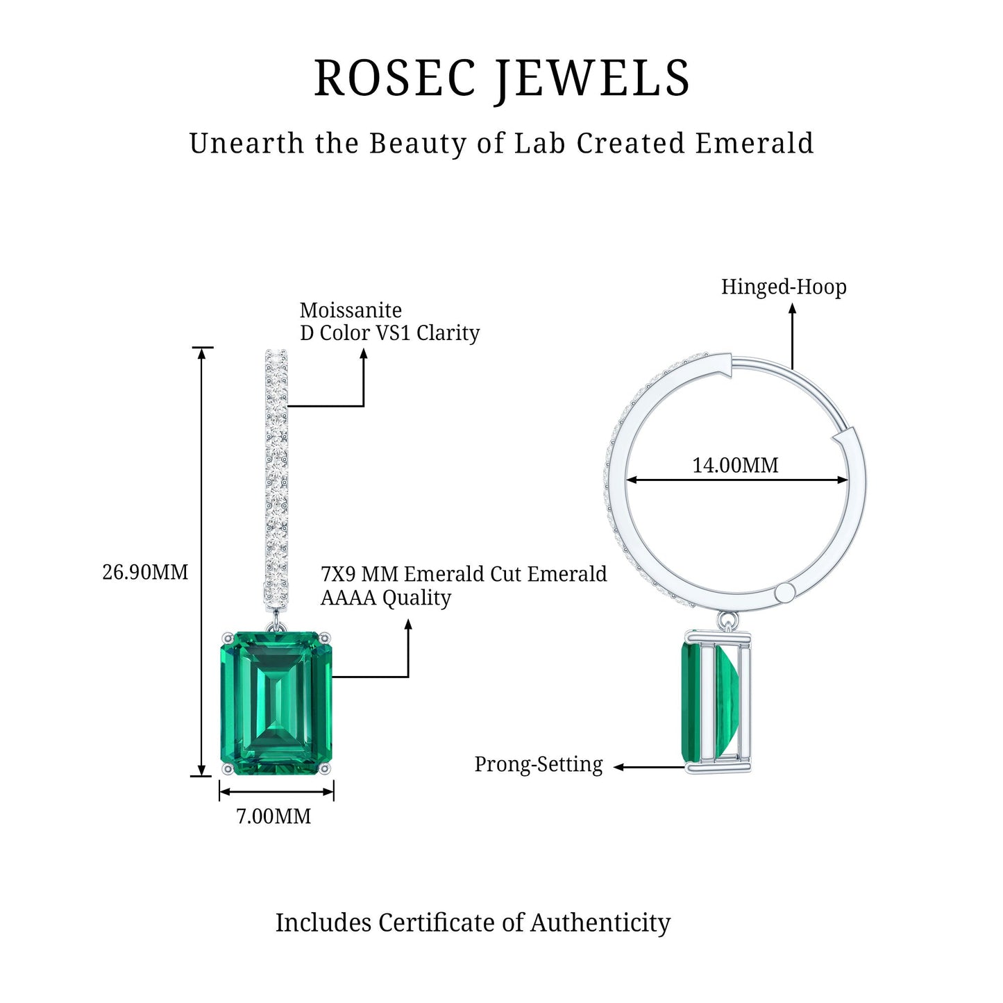 Certified Lab Created Emerald Hoop Drop Earrings For Women