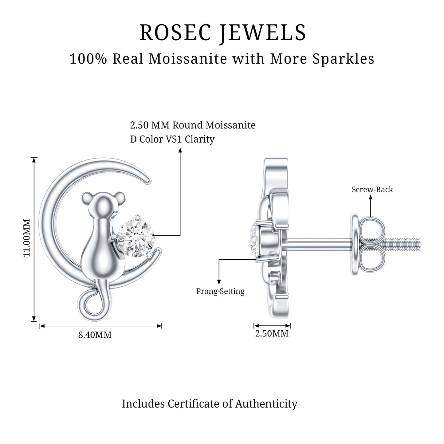 Certified Cat Moon Earrings with Moissanite