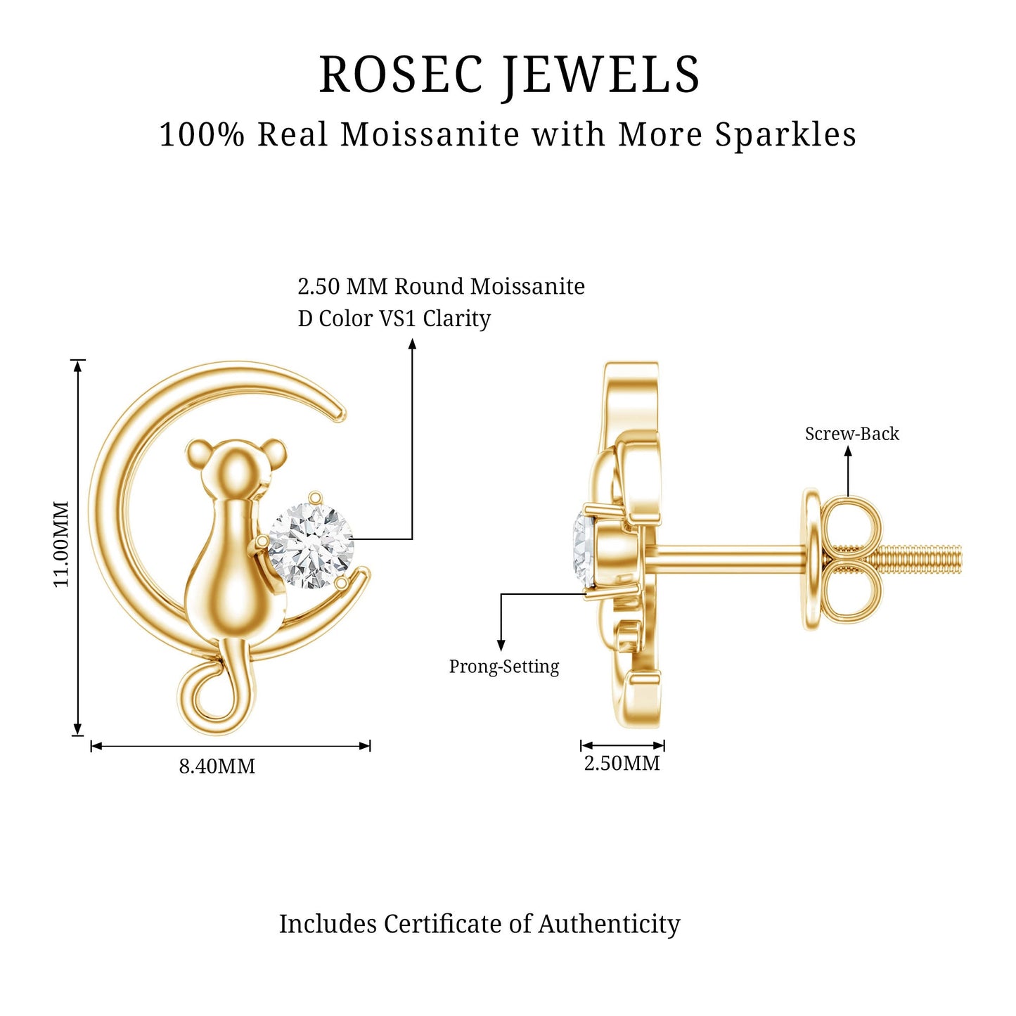 Certified Cat Moon Earrings with Moissanite