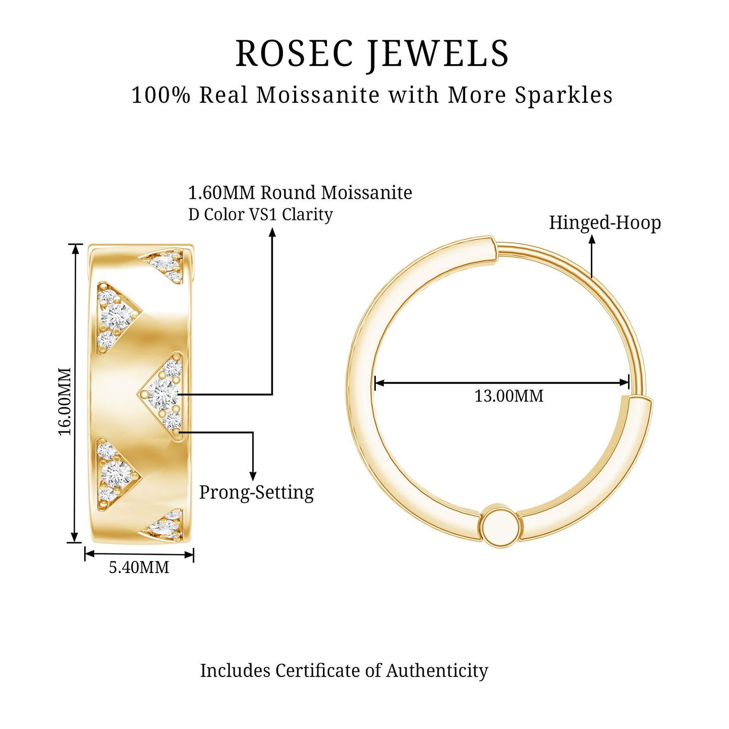 Certified Moissanite Hinged Hoop Earrings for Women