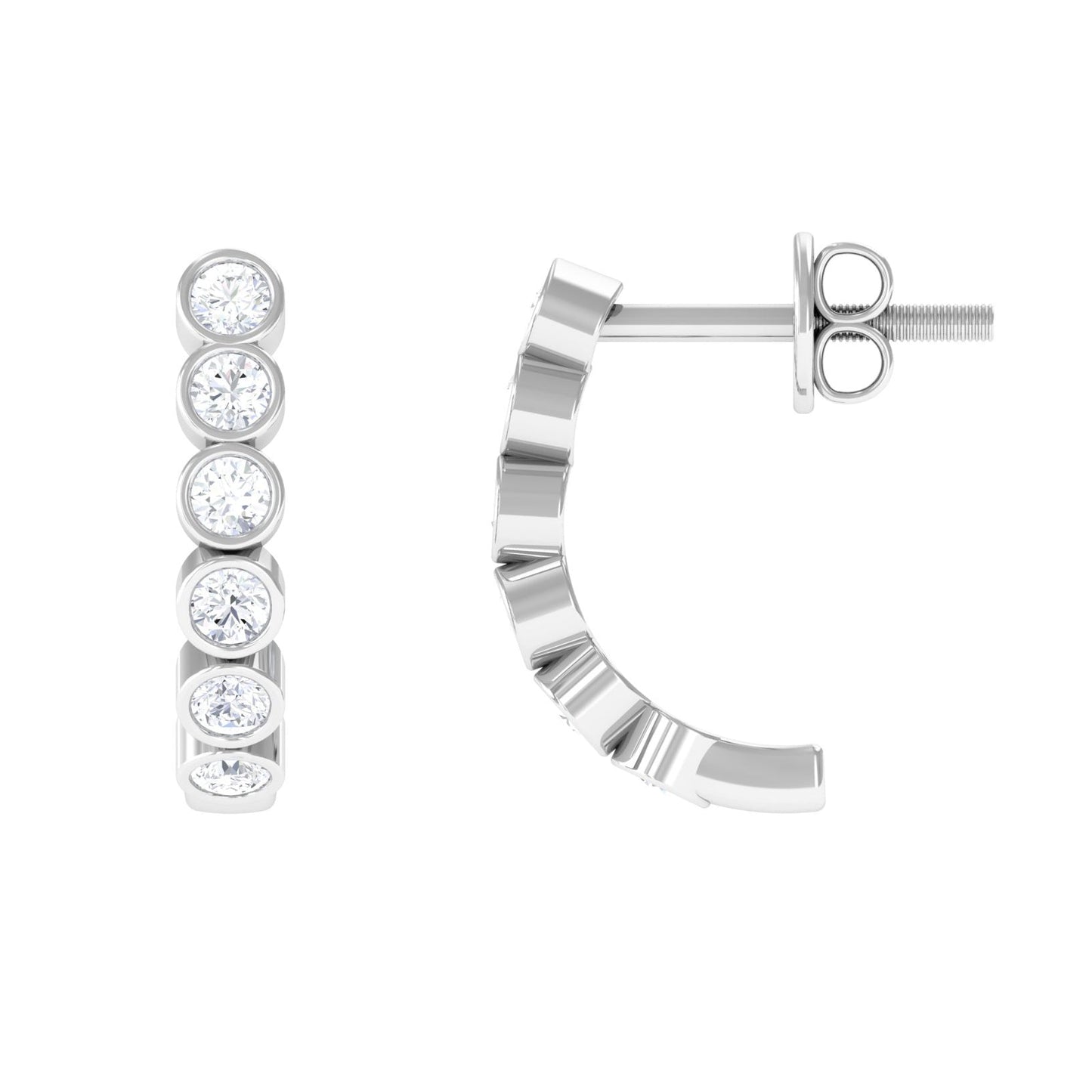 Bezel Set Round Moissanite Simple J Hoop Earrings