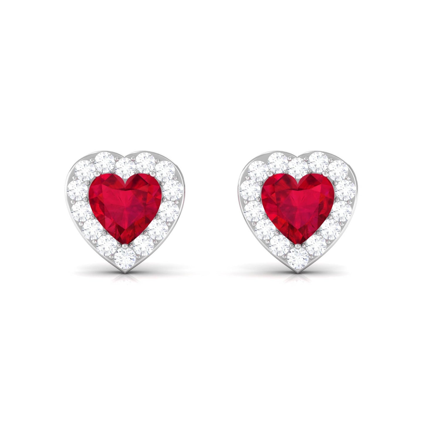Heart Shape Lab Grown Ruby Halo Stud Earrings with Diamond