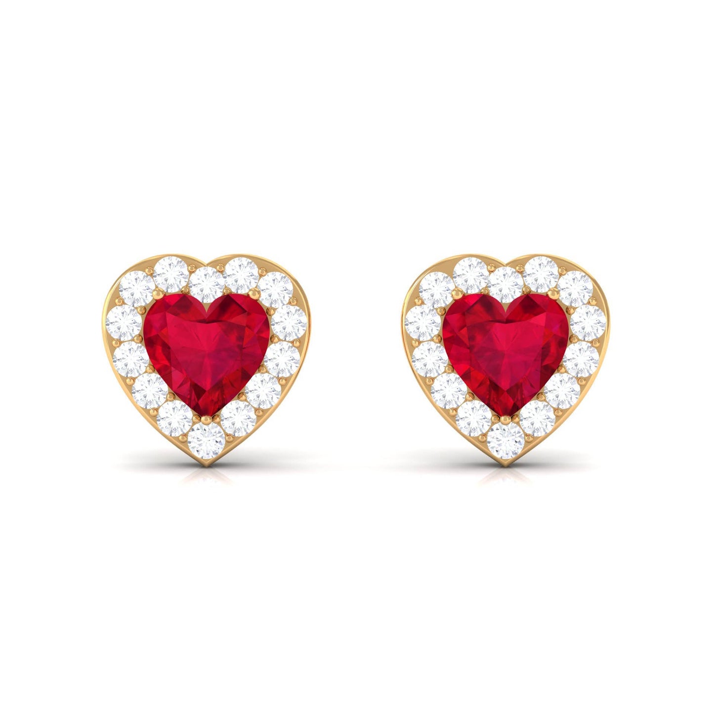 Heart Shape Lab Grown Ruby Halo Stud Earrings with Diamond