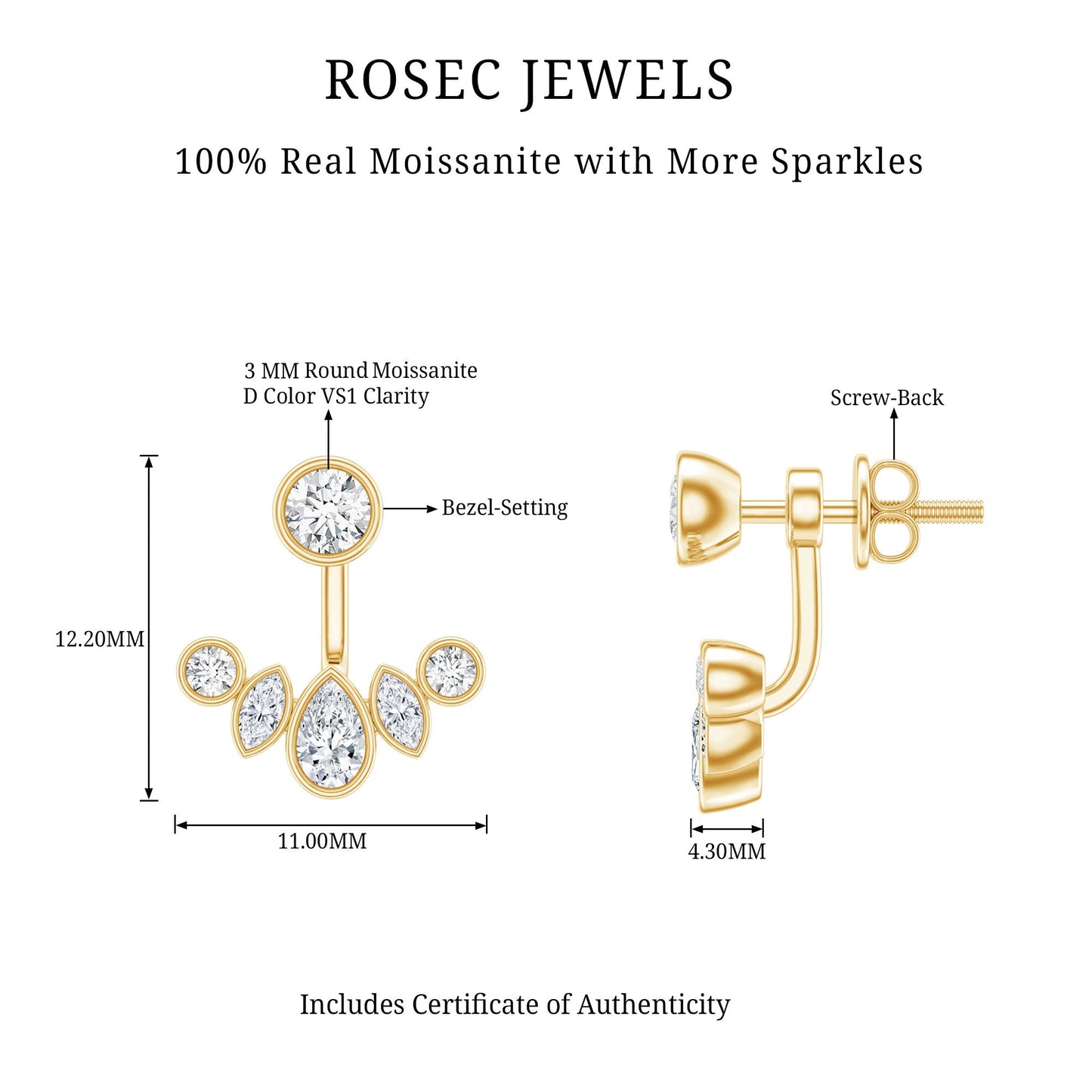 Bezel Set Certified Moissanite Ear Jacket Earrings for Women