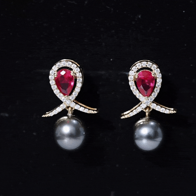 Tahitian Black Pearl Drop Earrings with Lab Grown Ruby