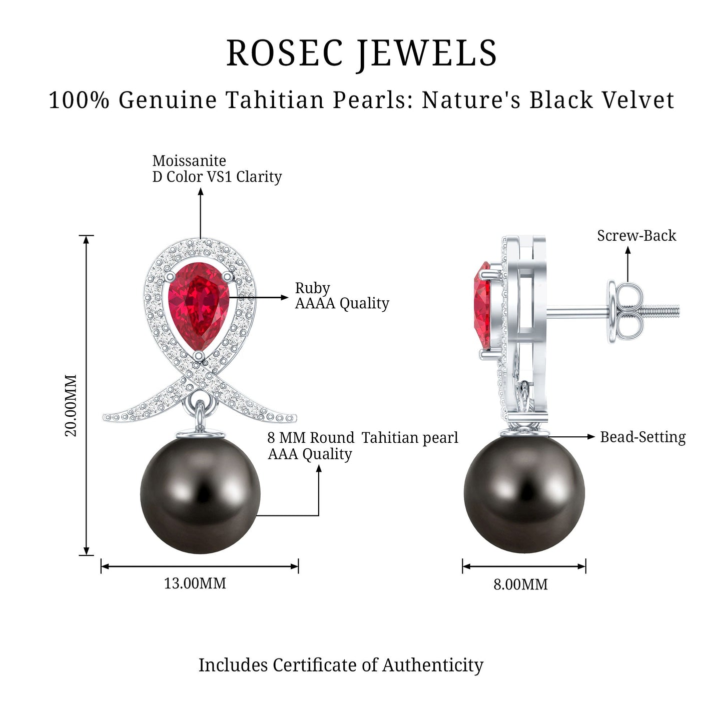 Tahitian Black Pearl Drop Earrings with Lab Grown Ruby