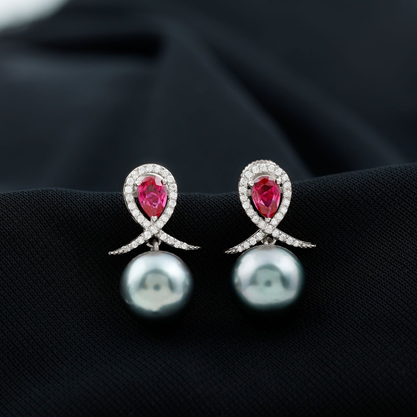 Tahitian Black Pearl Drop Earrings with Lab Grown Ruby