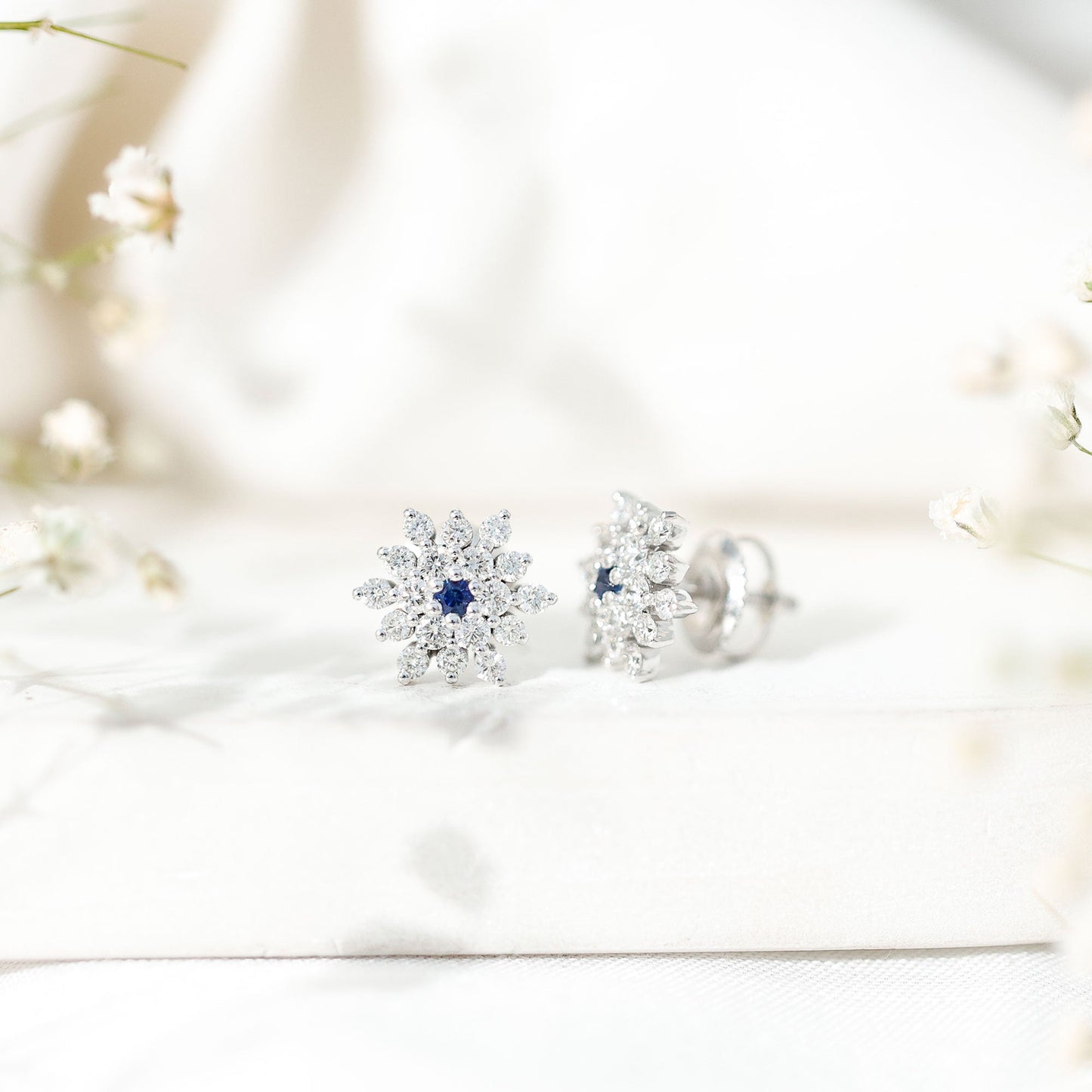 Created Blue Sapphire and Moissanite Cluster Statement Stud Earrings