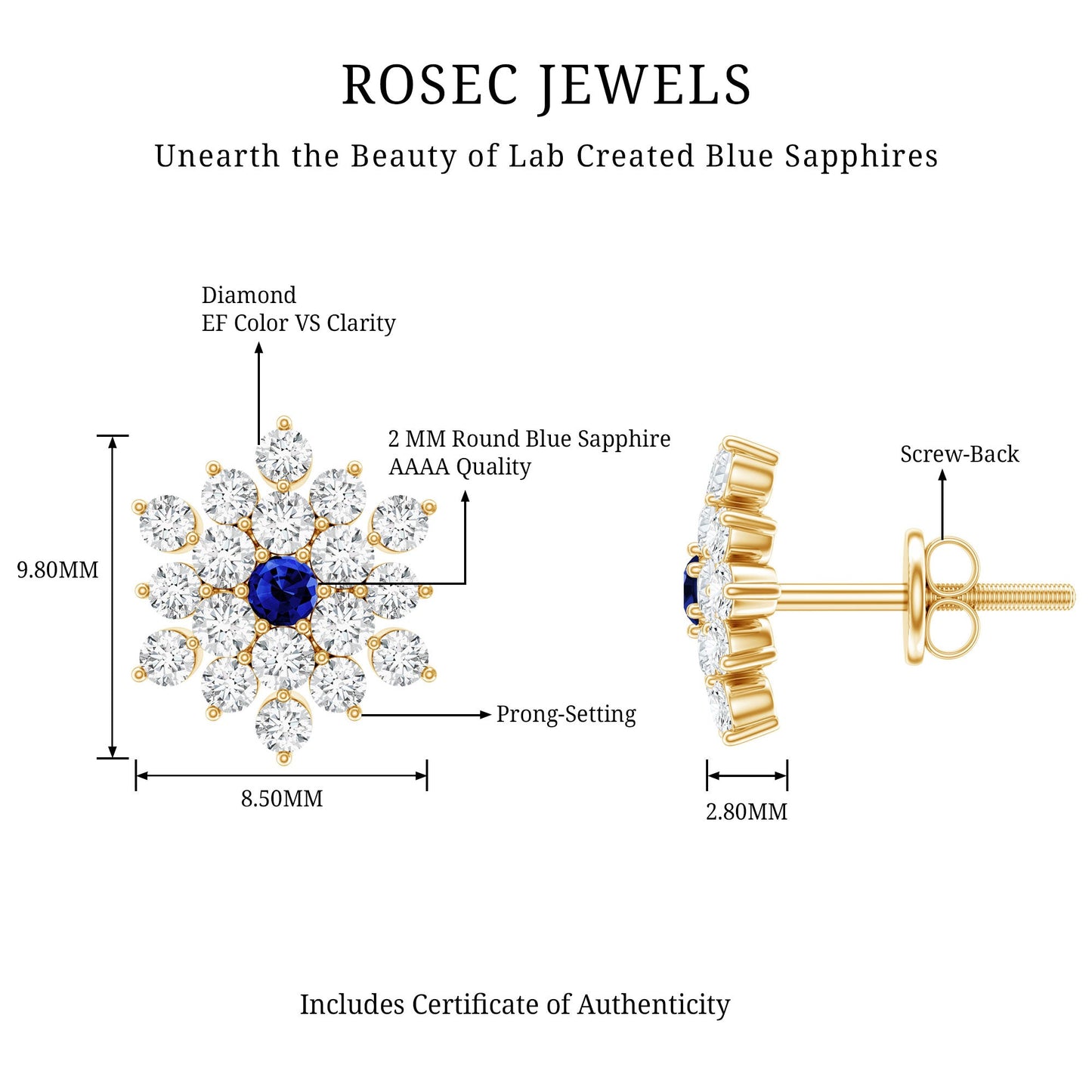 Created Blue Sapphire and Moissanite Cluster Statement Stud Earrings