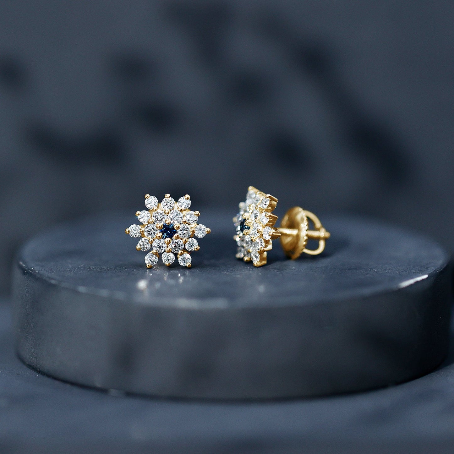 Created Blue Sapphire and Moissanite Cluster Statement Stud Earrings
