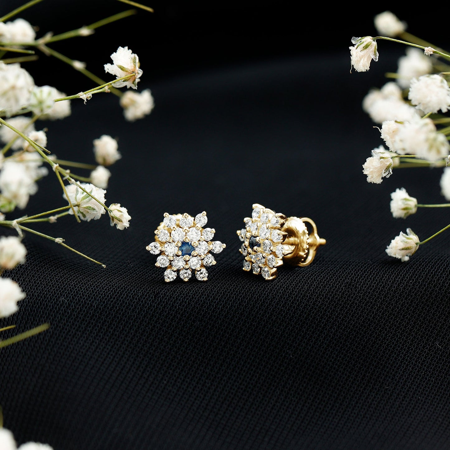 Created Blue Sapphire and Moissanite Cluster Statement Stud Earrings