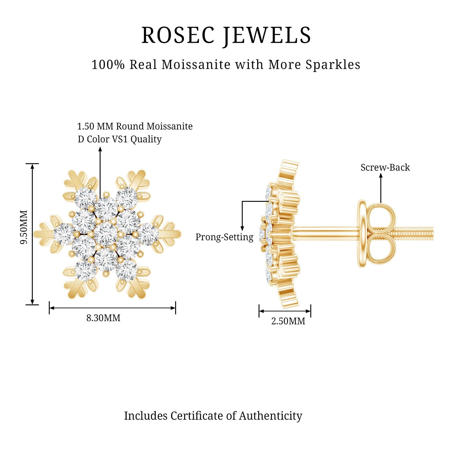 Certified Moissanite Snowflake Stud Earrings