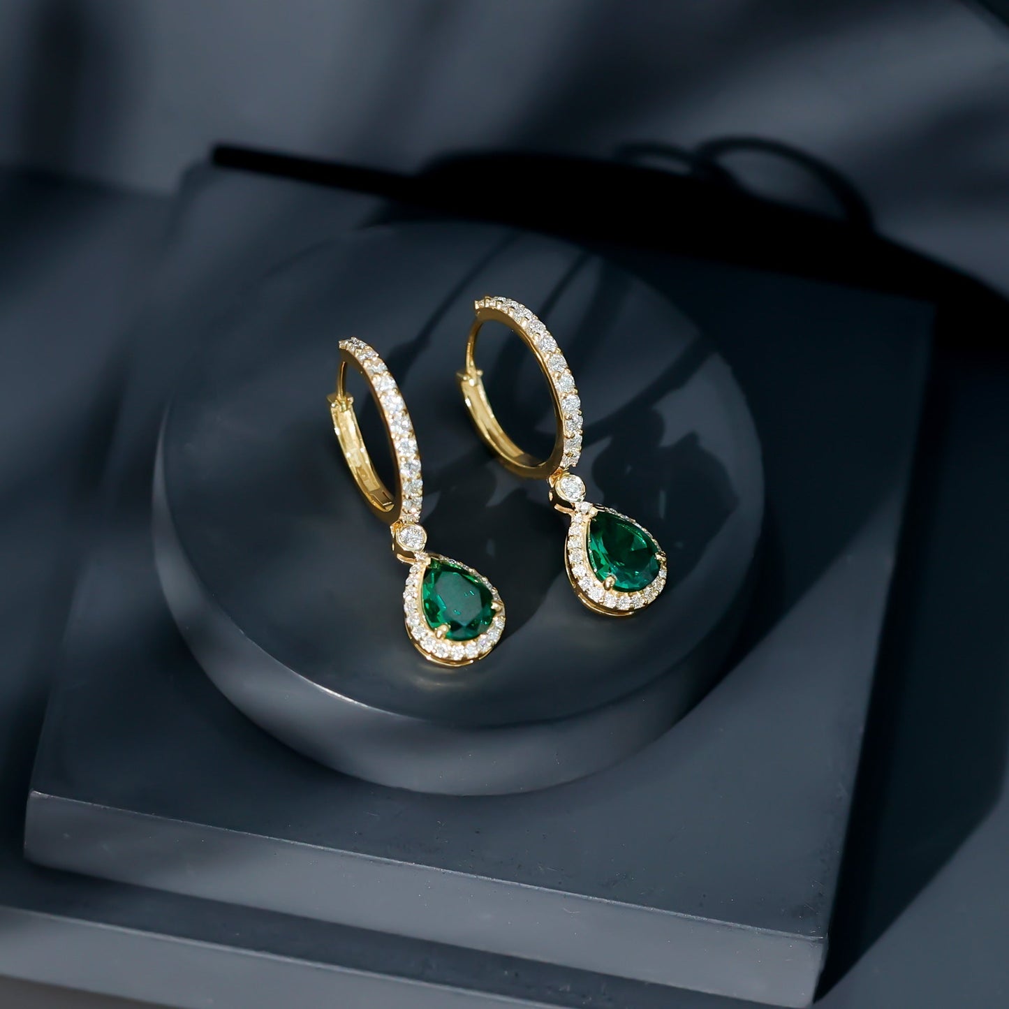 2 Carat Lab Created Emerald Teardrop Hoop Earrings with Moissanite